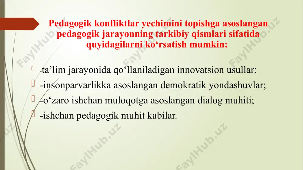 iyaviy axborotlarningochiqligi tamoyilidir. xavfli holatlardan biri - pedagogik hamkorlik tamoyillariga yuzaki yondashishdir. mazkur ikki xil pedagogik faoliyatning o‘zaro bir-biridan farqli jihatlari: a) aniq, oddiy, biroq, faqatgina tayyor bilimlarni o‘quvchilarga uzatishga xizmat qiladi; b) ko‘proq darajada dolzarb va samarali, ta’lim-tarbiyaning mustaqil tarzda tashkil etilishini ta’minlashga qaratilgan. hamkorlikda ta’lim olish va o‘quvchilarning o‘zaro do‘stona munosabatlarga asoslangan hamkorlikda faoliyat ko‘rsatish ko‘nikmalarini shakllantirish pedagogik konfliktologiya fanining muhim metodi hisoblanadi. o‘quvchilar orasidagi do‘stona munosabatlarga asoslangan o‘zaro hamkorlikda faoliyat ko‘rsatish ko‘nikmalarini shakllantirish uchun quyidagilarni amalga oshirish kerak: - o‘quvchilar faoliyatini muayyan tartib asosida tashkil etish; - o‘quvchilar jamoasi orasida ijodkorlik va bag‘rikenglikka asoslangan o‘zaro do‘stona muhitni vujudga keltirish kabilar. /docprops/thumbnail.jpeg