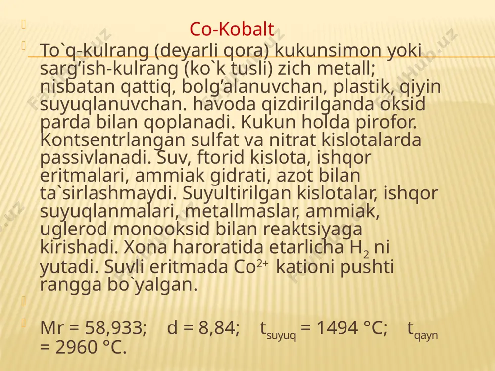 erlik xossalarni namoyon etadi (asos xossalari ustunroq); suyultirilgan kislotalar, kontsentrlangan ishqorlar bilan reaktsiyaga kirishadi. ammiak tasirida eritmaga o`tadi. qaytaruvchi. mr = 92,95; d = 3,597; pek25 = 14,80. olinishi: coso4(suyul) + 2naoh(10% li) = co(oh)2 + na2so4 {co(nh3)6}cl2 +2naoh(suyult) + 6h2o =co(oh)2 +2 nacl +6 (nh3*h2o) xossalari: 1. co(oh)2 = coo + h 2o (168 - 170 °c, vak.). 2. co(oh)2 + 2hcl(suyul) = cocl2 + 2h 2o. 3. co(oh)2 + cocl2(suyul) = cocl(oh) (yashil), co(oh)2 + cocl2(10% li) = co 2cl(oh)3 (pushti). 4. co(oh)2 + 2naoh(50%-li) na 2[co(oh)4](binafsha). 5. co(oh)2 + 6(nh3 *h 2o)[konts.] = [co(nh3) 6](oh)2(sariq) + 6h 2o. 6. 4co(oh)2+ o2 = 4coo(oh) + 2h2o (100 °c, p). 7. 2co(oh)2(nam) + co2= co 2co 3(oh)2+ h 2o. 8. 2co(oh)2 + h 2o2(konts.) = 2coo(oh) + 2h 2o (qayn.) 9. 2co(oh)2+ e2 + 2naoh(suyul.) = 2coo(oh) + 2nae + 2h 2o (e = cl, br). 10. 2co(oh)2 + …