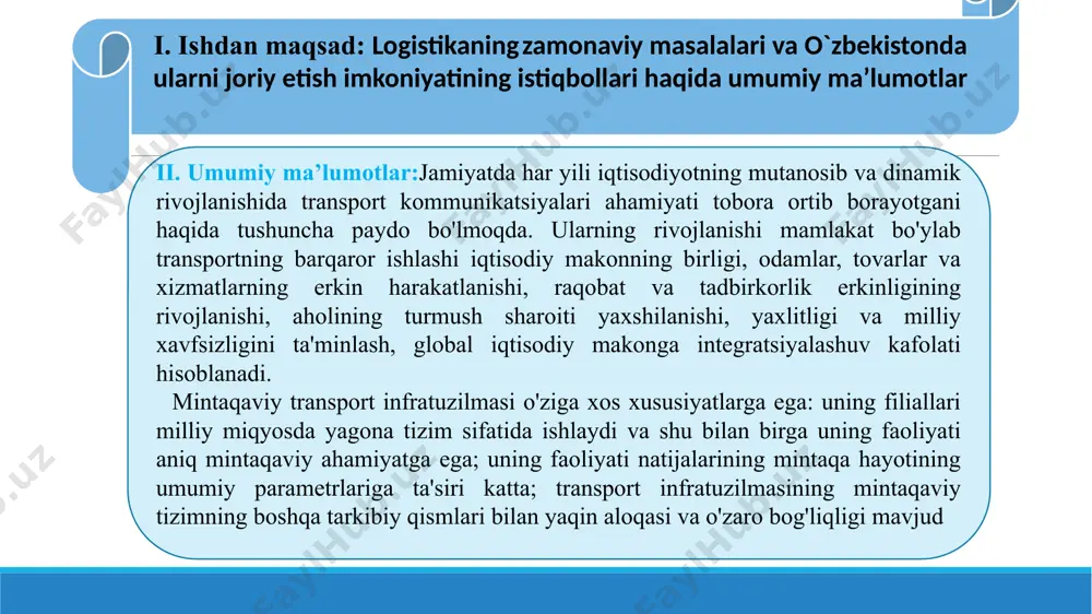 faol siyosat eksport va import uchun xalqaro transport yo'nalishlarining sxemalarini kengaytirdi va diversifikatsiya qildi. shunday qilib, 2021 yilda mamlakatning tashqi savdo aylanmasi 33,8 milliard dollarni tashkil etdi va 2010 yilga nisbatan 5,7 baravar oshdi, shu jumladan eksport hajmi - 14,3 milliard dollarga, o'sish 9,4 foizga, import - 19,6 milliard dollar va 2,1 baravar ko'paygan. o'zbekistonning asosiy tashqi savdo hamkori hamon rossiya federatsiyasi bo'lib, uning umumiy savdo aylanmasidagi ulushi (2022 yil) 24,5%. xitoy (12%), qozog'iston (6,1%) va janubiy koreya (5,2%) ham o'zbekistonning asosiy tashqi savdo sheriklaridandir. evropa ittifoqi mamlakatlari bilan savdoga kelsak, bugungi kunda o'zbekistonning ushbu davlatlar bilan tashqi savdo yuklari asosan riga, latviya portlari qozog'iston va rossiya orqali tranzit orqali amalga oshiriladi. o‘zbekiston respublikasining tashqi savdo yuk tashishlari quyidagi asosiy transport yo‘laklari orqali amalga oshiriladi: 1-yo‘lak — boltiqbo‘yi mamlakatlari portlari yo‘nalishida (qozog‘iston va rossiyadan tranzit orqali) — klaypeda (litva), riga, liyepaya, ventspils (latviya), tallinn (estoniya); 2-yo‘lak — yevropa ittifoqi (yei) …