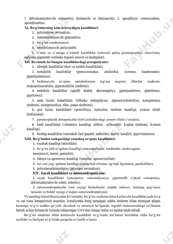 rivojlanadi. ularning joylashishi turlicha bo‘lib, asosiy kasallikka bog‘liq holda o‘ziga xos belgilarga ega (1 va 2-rasmlar) bo‘ladi. ular to‘g‘risida keyinroq alohida to‘xtalib o‘tamiz. quyida bo‘g‘im sindromi bilan kechuvchi amaliyotda tez-tez uchrab turadigan kasalliklar klassifikatsiyasi keltirilgan. i. revmatizm (revmatik lixoradka). ii. biriktiruvchi to‘qimaning tizimli kasalliklari (tizimli qizil volchanka (tqv), tizimli sklerodermiya (ssd), shegren kasalligi, darmatomiozit (dm), diffuz fatsiit, biriktiruvchi to‘qimani aralash kasalliklari, revmatik polimialgiya va boshqalar). iii.tizimli vaskulitlar (tugunchali perearteriit, gemorragik vaskulit, vegener granulomatozi va boshqalar). iv. revmatoid artrit (ra)( poliartrit, ra tizimli shikastlanish bilan, felti sindromi). v. yuvinil artrit (yuvenil ra, still sindromi, surunkali yuvenil artrit). vi. bexterev kasalligi. vii. spondiloartrit bilan birga kechuvchi artritlar (psoriatik artrit, reyter kasalligi, ichakni nospetsifik kasalligida (nyak, kron kasalligi) kuzatiladigan artritlar). viii. infeksiyaga bog‘liq artritlar a. infeksiyali artritlar: 1. bakteriali (stafilokokk, streptokokk, gonokokk, brutsellyoz, zaxm, mikobakteriya: tuberkulez va boshqalar), laym va uippl kasalliklari; 2. virusli (qizilcha, epidparotit, suvchechak va boshqalar); 3. zamburug‘li; 4. parazitar; …