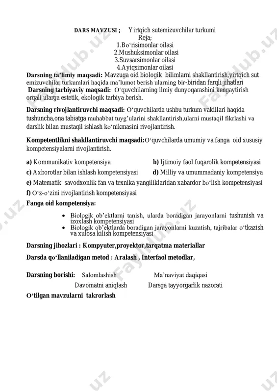 ljasini tirnoqlari yordamida tutib, tishlari bilan ushlab turadi. ko‘pchilik mushuksimonlar hidni yaxshi sezmaydi, lekin juda yaxshi eshitadi. ular o‘ljasini pana joyda poylab tutib oladi. mushuksimonlar oilasiga yo‘lbars, gepard, qoplon, silovsin, ilvirs, mushuklar kiradi. yo‘lbars janubiy osiyo va uzoq sharqda tarqalgan; to‘ng‘iz, bug‘u kabi yirik hayvonlarni ovlaydi. o‘zbekistonning daryo o‘zanlarida to‘qay mushugi, baland tog‘li hududlarida ilvirs va silovsin uchraydi. ularning soni juda kamayib ketganligi tufayli «o‘zbekiston respublikasining qizil kitob»iga kiritilgan. yo‘lbars –oilaning eng yirik vakili; tanasi uzunligi 160-290 sm;dumi 114 sm;vazni 390 kg gacha bo‘ladi;2-3 yilda bir marta bolalaydi;xomiladorlik 98-112 kun;2-6 ta bola tug’adi;5-6 oy emizadi;1-2 yoshidan mustaqil yashaydi. tulki cho„l va dashtlarda, tog„ va tog„oldi hududlarida, hatto qishloqlar va shaharlar atrofida ham yashaydi. yozda tulkilar inda yashab, 4–5 ta ko„zi yumuq bola tug„adi. kuzda tulki oilasi tarqalib ketadi. qishda juni qalin va issiq bo„lganidan iniga kirmaydi. tulkilar kemiruvchilar va hasharotlar bilan oziqlanib, qishloq xo„jaligiga foyda keltiradi. ular yoz va kuz …