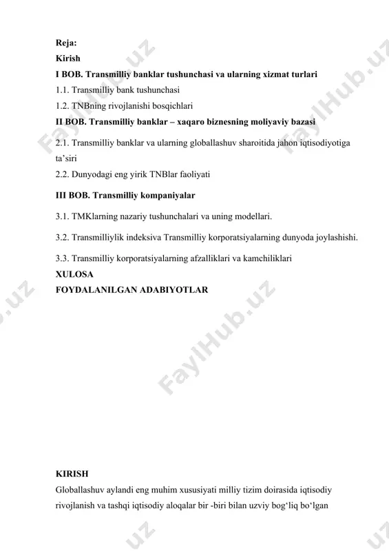 atlari fani tan oladi. xalqaro korporatsiyalar, bir tomondan, tez rivojlanayotgan xalqaro iqtisodiy munosabatlarning mahsulidir, boshqa tomondan, ularning o‘zlari ularga kuchli ta’sir mexanizmini ifodalaydi. xalqaro iqtisodiy munosabatlarga faol ta’sir ko‘rsatgan holda, xalqaro (transmilliy) korporatsiyalar yangi munosabatlarni shakllantiradi, mavjud shakllarini o‘zgartiradi. transmilliy banklarni mustahkamlash va ularning konsolidatsiya jarayonida rolini oshirish bank va sanoat kapitali so‘nggi paytlarda jahon iqtisodiyotining eng ko‘zga ko‘ringan daqiqalaridan biridir. transmilliy kapital, birinchi navbatda transmilliy kompaniyalar va transmilliy banklar tomonidan ifodalanadi, uning rivojlanishining ob'ektiv qonunlari tufayli iqtisodiy qudratni yanada kengaytirishga intiladi. transmilliy kapital o‘z harakatida va rivojlanishida faqat o‘z manfaatlariga e'tibor qaratadi va erkinlik bilan mamlakatdan mamlakatga o‘tadi, ba’zida og‘ir inqirozlarga olib keladi, chayqovchilik kapitalining shakliga aylanadi, keyin dunyodagi ijodiy kuchga aylanadi va uning rivojlanishiga hissa qo‘shadi. ilmiy -texnik taraqqiyot. zamonaviy jahon iqtisodiyotida globallashuv jarayonlarining asosiy o‘tkazuvchilari xxi asr boshlarida yirik ishlab chiqarish va sotish assotsiatsiyalari - transmilliy korporatsiyalardir. jahon iqtisodiy munosabatlarining rivojlanishiga katta ta’sir ko‘rsatadi. ular bilan parallel …