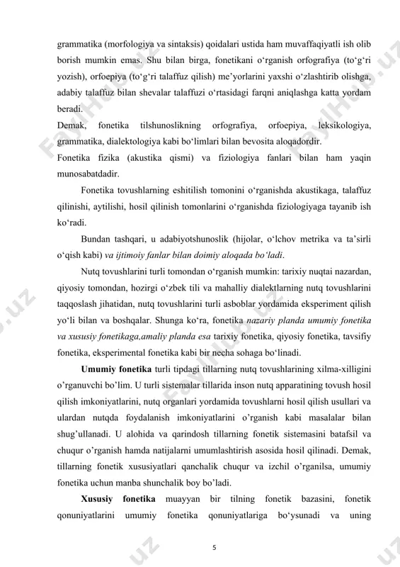 raqqiyotining turli davrlariga mansub yozma yodgorliklar tarixiy fonetika uchun manba bo’ladi. tovushlarning tadrijiy taraqqiyoti shu tilda gaplashuvchi xalqning tarixi bilan bog‘liq ravishda o‘rganiladi, tarixiy sabablari aniqlanadi. masalan, o‘zbek tilida hozir v fonemasining ikkita – lab-lab, lab-tish varianti bor. tarixiy fonetika v fonemasidagi shu belgilarning kelib chiqish sabablarini quyidagicha izohlaydi: lab-lab varianti (v)o‘zbek tili uchun birlamchi va qadimiy fonema hisoblanadi. sof o‘zbekcha va asl turkcha so‘zlarda bu tovushning lab-lab varianti ishlatiladi. masalan, ov, suv, yayov, qovun, haydov, yaylov kabi. o‘zbek tilining keyingi paytda boshqa tillarbilan munosabati kuchayishi natijasida bu fonemaning lab-tish varianti yuzaga keladi. bu variant boshqa tillardan, xususan, arab, fors va rus tillaridan o‘zlashgan va’da, vido, vint, vagon, vaqt, viloyat kabi so‘zlarda uchraydi. turli davrlarda yaratilgan yozma yodgorliklar, turli gruppa va shevalarga xos bo‘lgan og‘zaki nutq materiallari tarixiy fonetika uchun asosiy manba sifatida xizmat qiladi. tarixiy fonetika umumiy fonetikaga, qiyosiy fonetikaga va hozirgi tilning fonetikasiga oid materiallardan ham foydalaniladi. qiyosiy …
