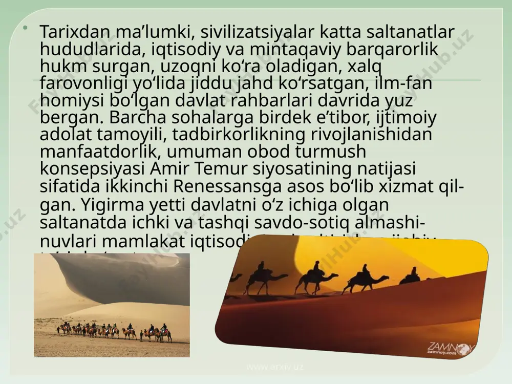 k ipak yo‘lida joylashgan o‘zbekiston — xitoy munosabatlarida ham bugun yangi davr boshlandi. har ikkala qadimiy xalqning uzoq o‘tmishdagi o‘zaro savdo-sotiq aloqalari, yaqin hamkorlik munosabatlari, madaniy hayotdagi yaqinligi bugungi sharoitda ular o‘rtasidagi do‘stlik va hamkorlikni yangicha ko‘rinishda rivojlantirib, mustahkamlashga to‘liq asos bo‘la oladi. www.arxiv.uz www.arxiv.uz 12 image2.png image3.jpeg image4.jpeg image5.jpeg image6.jpeg image7.jpeg image8.jpeg image9.jpeg image10.jpeg image11.png image12.jpeg image13.png /docprops/thumbnail.jpeg