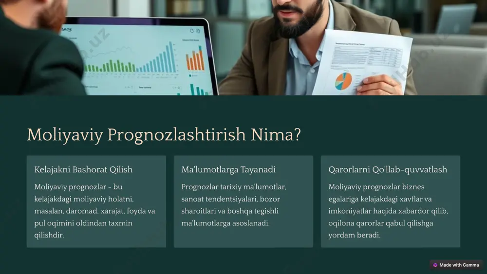 strategiyasi marketing va sotish strategiyalarini tahlil qiling. 3 narxlanish siyosati narxlanish siyosatini baholang. 4 prognozlarni tuzing daromadlarni bashorat qilib, prognozlar jadvali tuzing. 5 xarajatlar prognozlarini tayyorlash xarajat turi o'tgan davr xarajatlari prognoz ish haqi xom ashyo ijara boshqa xarajatlar 6 foyda prognozlarini tayyorlash daromadlarni bashorat qilish daromadlar prognozlarini hisobga oling. xarajatlarni bashorat qilish xarajatlar prognozlarini hisobga oling. foyda prognozini hisoblash daromadlar prognozidan xarajatlar prognozini ayiring. 7 moliyaviy prognozlarni tahlil qilish va qayta ko'rib chiqish aniqlikni tekshirish prognozlarning aniqligi va to'g'riligini tekshiring. xavflarni tahlil qilish prognozlarga ta'sir qilishi mumkin bo'lgan xavflarni aniqlang. o'zgartirish zarur bo'lsa, prognozlarni qayta ko'rib chiqing. 8 moliyaviy prognozlar bilan ishlaish bo'yicha maslahatlar 1 ma'lumotlarga tayaning prognozlarni aniq va ishonchli qilish uchun aniq ma'lumotlardan foydalaning. 2 loyihalarni baholang prognozlarning realligi va mumkinligini baholang. 3 doimiy ravishda nazorat qiling moliyaviy prognozlarni doimiy ravishda nazorat qilib, ularni hozirgi sharoitlarga moslashtiring. 9 xulosa va yakuniy fikrlar moliyaviy prognozlar tashkilotlarga kelajakdagi moliyaviy …
