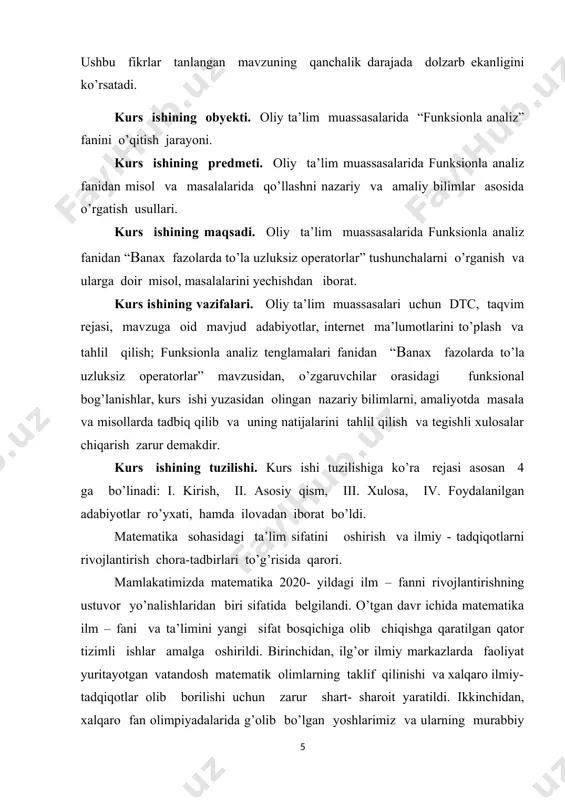 ko’rsatmoqda. jumladan, birinchida, matematika ta’limotining ta’lim olish bosqichlari o’rtasidagi uzviylik to’liq ta’minlanmagan; ikkinchidan, umumta’lim maktablarida matematika darsliklari o’quvchilarning yoshiga nisbatan fanni o’zlashtirish qiyinlashtiruvchi murakkab masalalardan iborat va boshqa fanlarda o’tiladigan mavzular bilan uyg’unlashtirilmagan; uchinchidan, matematikaga qiziquvchan, xalqaro olimpiadalar g’oliblari bo’lgan aksariyat iqtidorli yoshlarimiz hududlardan bo’lishiga qaramasdan ularning kelgusi rivojlanishi uchun oliy ta’lim va ilm- fan sohasida zarur shart – sharoit yaratib berilmagan; to’rtinchidan, matematika sohasidagi ilmiy- tadqiqotning amaliyot va ishlab chiqarish bilan bog’liqligi zaifligicha saqlanib qolmoqda; beshinchidan, sohadagi olimlarning xorijiy ilmiy va ta’lim muassasalari bilan aloqalari milliy matematikani jahon miqyosiga olib chiqish, xalqaro hamjamiyatda nufuzini oshirish uchun yetarli emas. ta’limning barcha bosqichlarida matematika fanini o’qitish tizimini yanada takomillashtirish, pedagoklarning samarali mehnatini qo’lla- quvvatlash, ilmiy- tadqiqot ishlarining ko’lamini kengaytirish va amaliy ahamiyatini oshirish, xalqaro hamjamiyat bilan aloqalarni mustahkamlash, shuningdek, 2017- 2021- yillarda o’zbekiston respublikasini rivojlantirishning beshta ustuvor yo’nalishi bo’yicha xarakatlar strategiyasini “ ilm, ma’rifat va raqamli iqtisodiyotni rivojlantirish yili ” da …