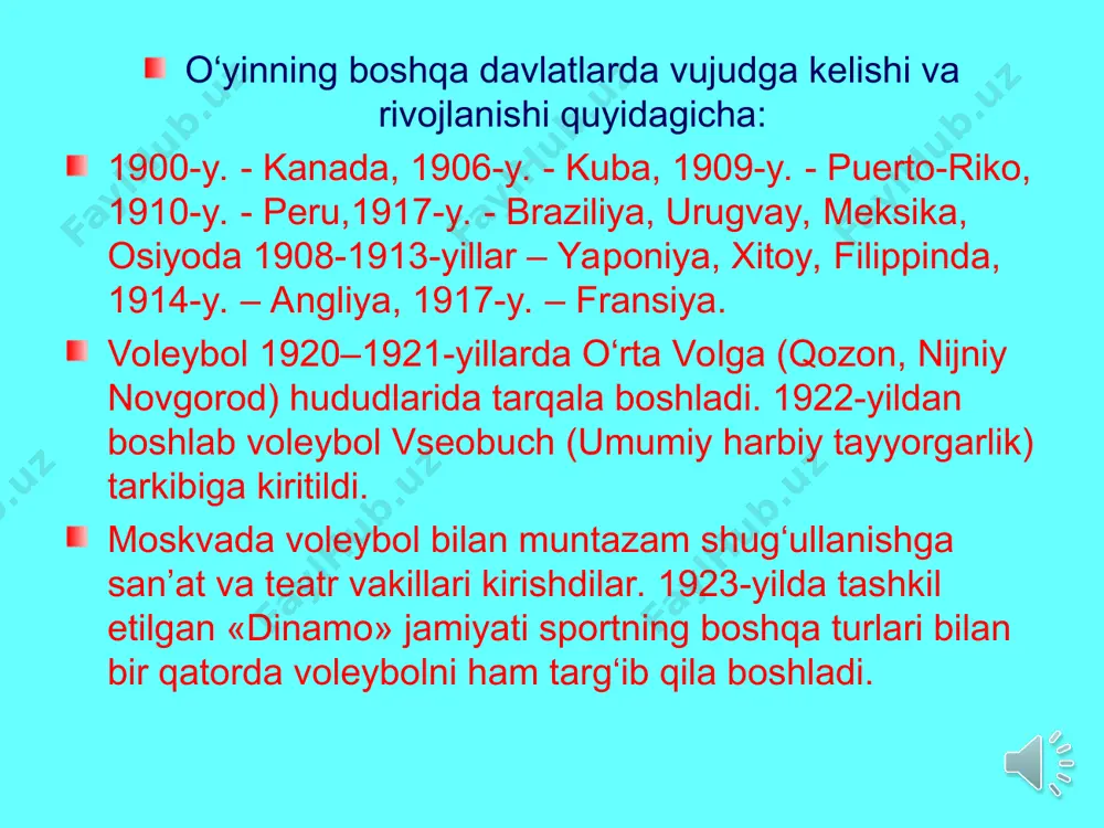 tomondan kiritilganligidan qat’iy nazar, ochko bilan tugallanadi. voleybol jamoali o‘yin turlariga mansub bo‘lib, o‘yinda ikki jamoaning har birida olti kishi bo‘lishi shart. zaxiradagi o‘yinchilar soni 2 tadan 6 tagacha bo‘lishi mumkin. o‘yinchilarning sport kiyimi futbolka, trusi va oyoq kiyim. o‘yinchilarning yoshi va jinsiga qarab to‘rning balandligi belgilanadi. o‘yin 3 yoki 5 partiyadan iborat bo‘lib, har bir partiya 25 ochkogacha davom etadi. agar ochkolar 25 : 25 bo‘lsa, o‘yin ikki ochko farq qilguncha davom etadi. partiyalarda o‘yin hisobi «taym-brek» asosida olib boriladi. ya’ni o‘yindagi har bir harakat natijasiga qarab to‘pni o‘yinga kiritish huquqi qaysi jamoada bo‘lishidan qat’iy nazar, jamoaga mag‘lubiyat yoki g‘alaba keltirishi mumkin. o‘yin jarayonida texnik malakalarni bajarishdagi xatolar: to‘pni o‘yinga kiritishda: agar to‘p irg‘itilmasdan to‘g‘ridan – to‘g‘ri «qo‘ldan» urilsa; to‘pni o‘yinga kiritishda belgilangan chegara chiziqlarini bosish, to‘p irg‘itilsa-yu, lekin urilmasdan tanaga tegsa va hakozo; to‘pni uzatishda: to‘p kaftga tegsa – ilib otilsa, ikki qo‘l ketma – ket to‘pga yoki …