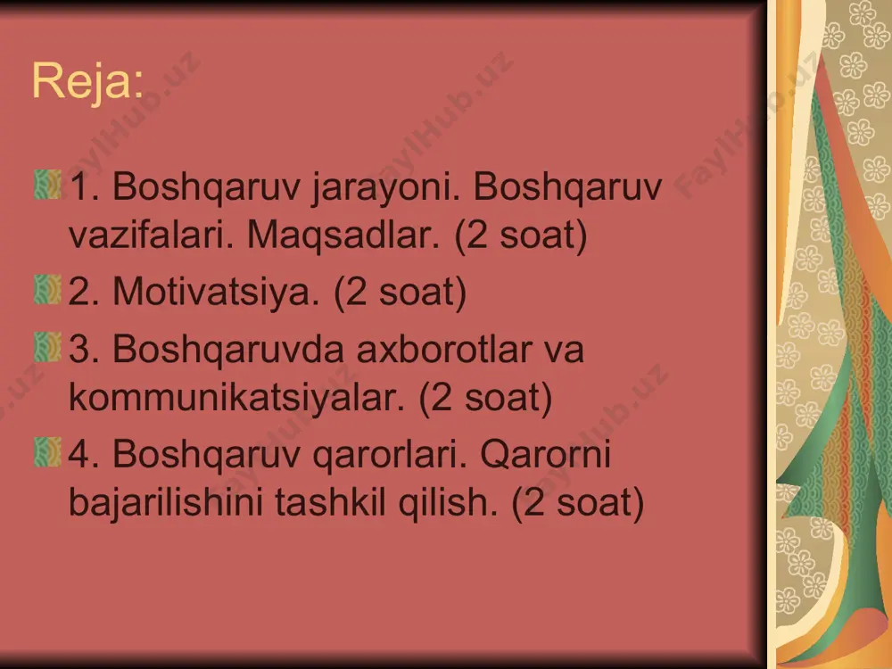 i toqazo etadi. maqsad turlari umum jamiyat miqyosidagi munosabatlarni aks ettirishiga qarab.siyosiy maqsadlar iqtisodiy maqsadlar sotsial maqsadlar ma’rifiy – ma’naviy maqsadlar xalqaro munosabatlar soxasidagi maqsadlar va boshq. .xududiy boshqarish maqsadlari:mamlakat maqsadlari;viloyat maqsadlari;tuman maqsadlari;qishloq maqsadlari;ishlab chiqarish maqsadlari;xalq xo‘jaligi maqsadlari;tarmoq (sektor) maqsadlari;korxona (firma) maqsadlari;yakka xodim maqsadi. amalga oshirish muddatiga qarab.joriy maqsadlar;istiqboldagi (perspektiv) maqsadlar; boshqarishning sodir bo‘lishiga qarab.uzluksiz (kundalik) maqsadlar;fursatli maqsadlar; bir martalik maqsadlar; kutiladigan natijalarga qarab.pirovard maqsadlar;oraliqdagi maqsadlar; murakkablik darajasiga qarab.oddiy, an’anaviy maqsadlar; muammoli maqsadlar;innovatsion maqsadlar; “maqsadlar shajarasi” – bu maqsadlar bilan ularga erishish vositalari o‘rtasidagi aloqaning grafik tasviridir. u bo‘lajak voqealar o‘zaro aloqasining to‘la manzarasini tasavvur qilish, konkret vazifalar ro‘yxatini olish va ularning nisbatan muximligi to‘g‘risidagi axboratga ega bo‘lishi imkonini beradi. u tashkiliy struktura bilan maqsadlar strukturasi o‘rtasida moslashuvni vujudga keltirish yo‘li bilan maqsad topshiriqlarini bevosita ijrochilarga etkazishni ta’minlaydi. “maqsadlar shajarasi” ierarxiyalar ko‘rinishidagi bir necha darajalardan: bosh maqsad; i darajali kichik (asosiy) maqsadlar; ii darajali kichik maqsadlar va xokazolardan tashkil topadi. …
