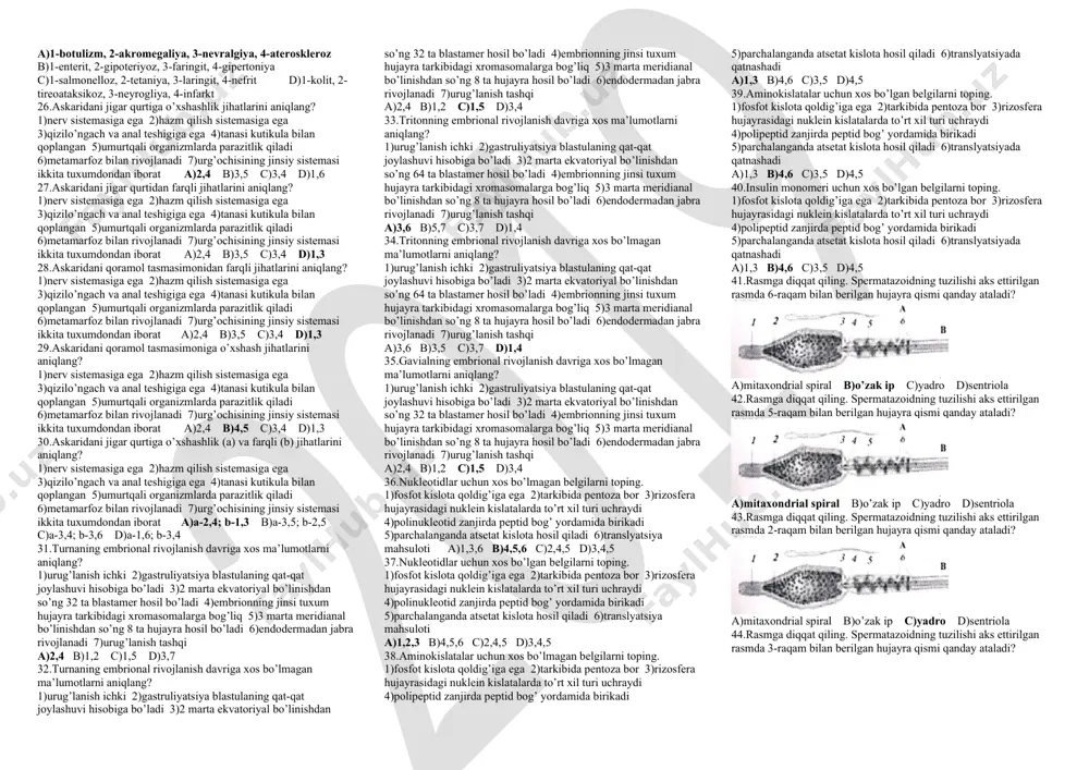 oyoqlariga nisbatan uzun 6)tuyg’u organi hisoblanadi a)1,5 b)5,6 c)2,3 d)1,3 8. chayonningning oyoq paypaslagichlariga xos bo’lmagan xususiyatlarni aniqlang? 1)harakatchan tirnoqsimon o’simtadan iborat 2)paypaslagichlarining asosiy bo’g’imlari pastki jag’lar vazifasini bajaradi 3)qisqichga aylangan 4)oziqni tutib turish vazifasini bajaradi 5)yurush oyoqlariga nisbatan uzun 6)tuyg’u organi hisoblanadi a)1,5 b)3,6 c)3,4 d)1,3 9. chayonningning oyoq paypaslagichlariga xos bo’lgan xususiyatlarni aniqlang? 1)harakatchan tirnoqsimon o’simtadan iborat 2)paypaslagichlarining asosiy bo’g’imlari pastki jag’lar vazifasini bajaradi 3)qisqichga aylangan 4)oziqni tutib turish vazifasini bajaradi 5)yurush oyoqlariga nisbatan uzun 6)tuyg’u organi hisoblanadi a)1,5 b)3,6 c)3,4 d)1,3 10. butli o’rgimchakning ustki jag’lariga xos bo’lgan xususiyatlarni aniqlang? 1)harakatchan tirnoqsimon o’simtadan iborat 2)paypaslagichlarining asosiy bo’g’imlari pastki jag’lar vazifasini bajaradi 3)sezgir tukchalar bilan qoplangan 4)hid bilishda ishtirok etadi 5)yurush oyoqlariga nisbatan kalta 6)tuyg’u organi hisoblanadi a)1,6 b)5,6 c)2,3 d)1,3 11.qaysi javobda oziq zanjiri to’g’ri berilgan? a)o’simlik-asalari-butli o’rgimchak-kaltakesak-ilon-mangust b)o’simlik-chigirtka-quyon-kaltakesak-lochin c)o’simlik-ari-arixo’r qush-tuvaloq-kaltakesak d)o’simlik- kapalak-qurbaqa-tipratikan-ilon-tulki 12.qaysi javobda oziq zanjiri to’g’ri berilgan? a)o’simlik-chigirtka-kaltakesak-ilon-mangust b)o’simlik-chigirtka-quyon-kaltakesak-lochin c)o’simlik-ari-arixo’r qush-tuvaloq-kaltakesak d)o’simlik- kapalak-qurbaqa-tipratikan-ilon-tulki 13.qaysi javobda …