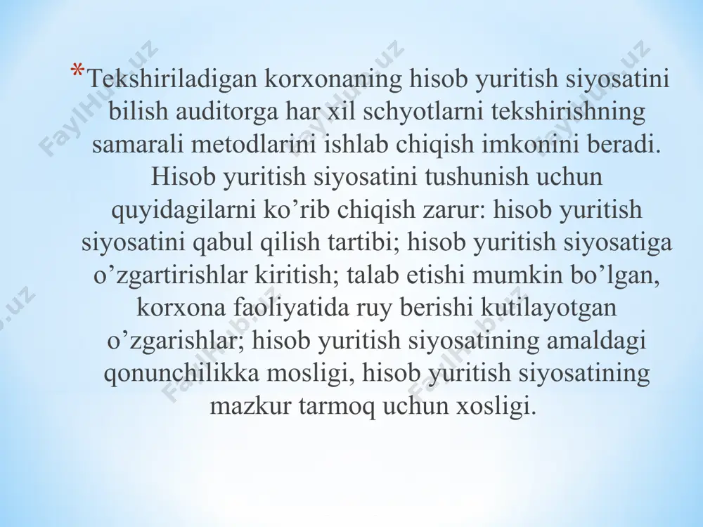 larini amalga oshirishga ruxsat etish. bu vazifani xo’jalik muomalalarini rasmiylashtirish huquqiga ega xodimlar bajaradilar. ruxsat etish ma’lum turdagi muomalalar (masalan, barcha turdagi sotish)ga taalluqli, umumiy, yoki maxsus (masalan, muhim aktivni sotishga ruxsat etish) bo’lishi mumkin. xo’jalik muomalalarini ro’yxatga olish. ko’pchilik korxonalarda xo’jalik muomalalarini yozish (hisob yuritish) va hisobot ishlari kompyuter yordamida bajariladi; xo’jalik faoliyatida korxona mablag’larining saqlanishini ta’minlash. bunda korxonaga tegishli aktivlarga haqiqatda egalik qilish yoki ular ustidan nazorat o’rnatish nazarda tutiladi; schyotlarda aks ettirilgan summalarni va haqiqatda mavjud aktivlarni vaqti-vaqti bilan taqqoslab turish. bu erda aktivlarni muntazam inventarizatsiya qilish va tafovutlar aniqlangan hollarda tegishli choralarni qo’llash tushuniladi.