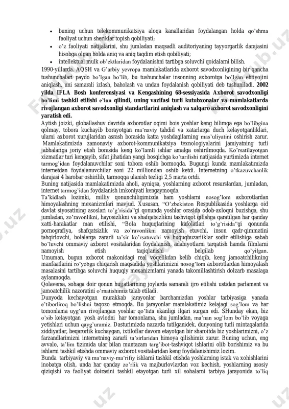 rtasida aloqa mavjud, ammo bunday tarmoqni yaratish o’z- o’zidan axborotdan oqilona va samarali foydalanishni kafolatlamaydi. uchinchidan, axborot madaniyati turli funsional xizmatlar, bo’limlar va ishchi guruhlar uchun har xil bo’lib, bu axborotni to’plash, tashkil etish, qayta ishlash, tarqatish va ulardan foydalanish jarayonlariga turlicha yondashuvlarni bildiradi. shu sababli, yagona boshqaruv strategiyasini ishlab chiqishda korporativ axborot madaniyati muhim ahamiyatga ega. hozirgi kunda kompaniyalarda axborot madaniyatining to’rt turini uchratish mumkin . "axborot madaniyati" tushunchasi ko’plab tarkibiy qismlarni o’z ichiga oladi:  qidirish madaniyati yangi ma’lumotlar;  o’qish va axborotni idrok etish madaniyati;  ham axborot (kompyuter) texnologiyalari, ham intellektual normallashtirilgan texnikalar (matnlarning aspekt tahlili, kontent tahlili, tasniflash va klaster tahlili va boshqalar) yordamida katta hajmdagi axborotni qayta ishlash qobiliyati;  har qanday faoliyat turida shaxslararo professional muloqotning ahamiyatini tushunish;  aloqa kompetensiyasi darajasini oshirishga intilish;  boshqa odamlarning nuqtai nazari va fikrlariga bag’rikenglikni tarbiyalash;  nafaqat olishga, balki bilim berishga ham tayyorlik; https://expertsmirnov.ru/uz/cd--dvd--blu-ray/k-programmnym-sredstvam-ikt-obrazovanii-otnosyatsya-informacionnye-i-kommunikacionnye-tehnologii-ikt.html https://expertsmirnov.ru/uz/cd--dvd--blu-ray/k-programmnym-sredstvam-ikt-obrazovanii-otnosyatsya-informacionnye-i-kommunikacionnye-tehnologii-ikt.html …