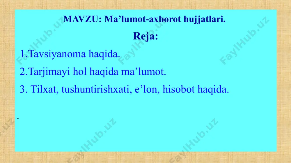 va faoliyatiga baho beriladi, u tavsiya etilayotgan lavozim yoki tashkilotga a’zo bo‘lishga munosib ekanligi yuzasidan ishonch bildiriladi. tavsiyanoma ba’zi xususiyatlariga ko‘ra tavsifnomaga o‘xshaydi, shu sababli ularning ko‘pchiligi tavsifiy tavsiyanoma shaklida bo‘ladi. ular orasidagi asosiy farq shundaki, tavsifnomalarda shaxsning barcha ijobiy, salbiy xususiyatlari qayd qiinadi. tavsiyanomalarda esa uning ijobiy xususiyatlari ko‘rsatilishi bilan birga, keyinchalik uning zimmasiga yuklatiladigan vazifani bajara olishiga ishonch bildiriladi va tavsiya etiladi. tavsiyanomaning zaruriy qismlari: 1. biror lavozimga yoki jamoa tashkilotiga a’zo bo‘lish uchun tavsiya maqsadida beriladi. 2. muassasa ma’muriyat yoki ayrim shaxs tomonidan tuzilishi mumkin 3. muhr qo‘yilmaydi 4. tavsiyanoma berilayotgan shaxsning ijobiy xislatlari aytilib kelajakda yuklatilgan vazifani uddalashiga ishonch bildiriladi. tavsiyanoma va tavsifnomaning o‘xshashliklari tarjimayi holda barcha ma’lumotlar davriy ketma-ketlikda beriladi. hamma raqamlar arab raqamlarida berilishi talab etiladi. matnni bayon qilish shakli hikoya usulida bo‘lib, birinchi shaxs tilidan berilishi kerak. ma’lumotlar aniq sanalar bilan keltirilishi kerak. tarjimayi hol yozayotgan shaxsning ixtiyoriga qarab mufassal yoki muxtasar tarzda …