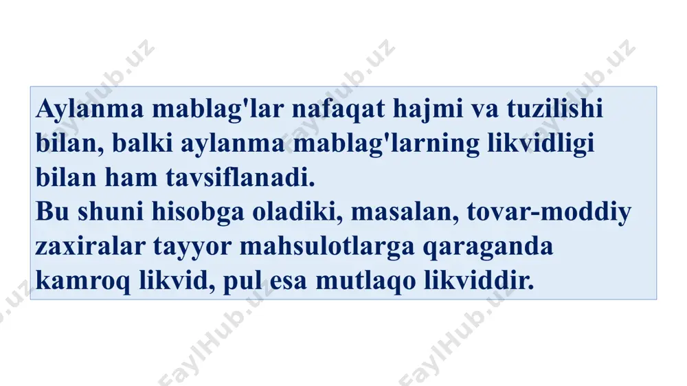 jali hajmidan iborat bo’lib, u eng avvalo, quyidagilarni o’z ichiga oluvchi ish sharoitiga bog’liq: - ishlab chiqarish tsiklining uzoq-yaqinligi; - ishlab chiqarishga materiallarni kiritish davri; - mol etkazib beruvchilarning uzoqligi; - mol etkazib berish partiyalarining kompleksligi yoki hajmi; - materiallar sifati; - hisob-kitoblar tizimi va boshqalar. norma (me’yor) normalashtiriladigan moddiy resurslarga (ularning har bir turi bo’yicha) bo’lgan o’rtacha kunlik ehtiyojlarning hajmi va mol etkazib berishlar o’rtacha intervali (oraliq)ning uzunligini hisobga olgan holda kunlik zaxiralarda o’rnatiladi (belgilanadi). demak, agar ana shu oraliq, masalan, 24 kunga teng bo’lgan bo’lsa, shunga mos ravishda zaxiralar shu kunlar oralig’ida ishlab chiqarish tsiklining normal (sog’lom) rivojlanishini ta’minlashga etarli bo’lmog’i lozim. kunlarda ifodalangan zaxiralar va ma’lum bir ko’rinishdagi tovar-moddiy boyliklar xarajatlarining normasi (me’yori) asosida normalashtiriladigan zaxira-larni yaratish uchun zarur bo’lgan aylanma mablag’larning hajmi aniqlanadi. agar me’yor kunlarda aniqlansa (belgilansa), u holda aylanma mablag’larning normativi sog’lom (normal) faoliyat ko’rsatishi uchun minimal darajada zarur bo’lgan tovar-moddiy boyliklarning pulda ifodalangan …