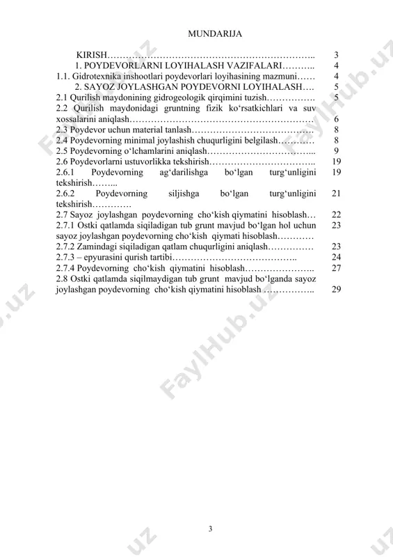 at og‘irlik (novdagi suvning bosimi) ham ta’sir qiladi. to‘siq buzib tashlanmaganligi sababli poydevorning hamda akveduk tayanchlarini to‘liq og‘irligi zaminga ta’sir qiladi. (daryodagi suvning ko‘taruvchi ta’siri bu hisobga kirmaydi). ikkinchi sxema – inshoot foydalanishga topshirilishi, bilan to‘siq buzib tashlanadi. bu holda jami og‘irlik zaminga tushadi, lekin toshqin vaqtida suv sathi vaqtincha ko‘tarilishi mumkin bo‘lgan joyga qo‘yilgan belgidan pastroqda poydevordan hamda akveduk tayanchlarining muayyan qismidan tushadigan og‘irlik daryodagi suvning ko‘taruvchi kuchi ta’sirida birmuncha kamayadi. poydevor o‘lchamlarini aniqlash va uning cho‘kish qiymatini hisoblash vaqtida turli yuklama va kuchlarning noqulay tarzda qo‘shilib ketishi kabi holatlar, birinchi sxemada kuzatiladi. poydevorning ag‘darilishga va siljishga bo‘lgan ustuvorligi ikkinchi sxema bo‘yicha hisoblanadi. poydevorlarni loyihalash bilan bog‘liq hisoblash ishlarida doimiy ta’sir ko‘rsatadigan yuklama (og‘irlik) bilan uzoq davom etadigan muvaqqat yuklama (og‘irlik)ning qo‘shilib ketishi nazarda tutilishi zarur. qo‘llanmada temir-beton akveduk poydevorining ikki turdagi konstruksiyasini loyihasi bayon etilgan: sayoz joylashgan poydevor va qoziqli poydevor: bu turdagi poydevorni texnik-iqtisodiy jihatdan taqqoslash va …