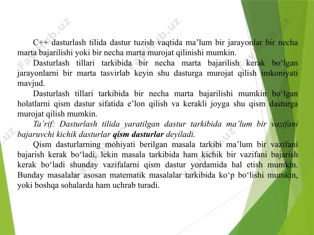 rilyapti, bu masalani hal etish uchun tuziladigan dastur tarkibida birdan n gacha bo‘lgan sonlar yig’indisini hisoblash jarayonini qism dastur qilib e’lon qilish kerak. agar qism dastur sifatida e’lon qilinsa, masalani hal etishda qism dasturga ikki marta murojat qilish asosida berilgan masalani hal etish mumkin. yuqorida keltirilgan masalalarga o‘xshash masalalarni hal etish usulini samarasini oshirish uchun qism dasturlardan foydalaniladi. qism dasturlar c++ dasturlash tilida qisqacha qilib funksiyalar deb ataladi. demak, funksiyalar ma’lum bir vazifani bajaruvchi dastur tarkibdagi qism dasturlar ekan. ta’rif: dasturlash tilida tuzilgan dastur tarkibidagi ma’lum bir vazifalarni bajaruvchi qism dasturlar funksiyalar deyiladi. dastur ishlash jarayoni samarasi asosan ikki tur bo‘yicha oshiriladi, ya’ni xotira hajmi va ishlash tezligi bo‘yicha. dasturning ishlash tezligini oshirish uchun, albatta, dastur tarkibi sodda va ixcham bo‘lishi ta’lab etiladi. 4 funksiyalar c++ dasturlash tilida ma’lum bir vazifani bajaruvchi dastur tarkibidagi kichik dasturlar, demak, funksiyani hosil qilish uchun datur tarkibida ma’lum bir vazifalar bir necha marta bajarilish …