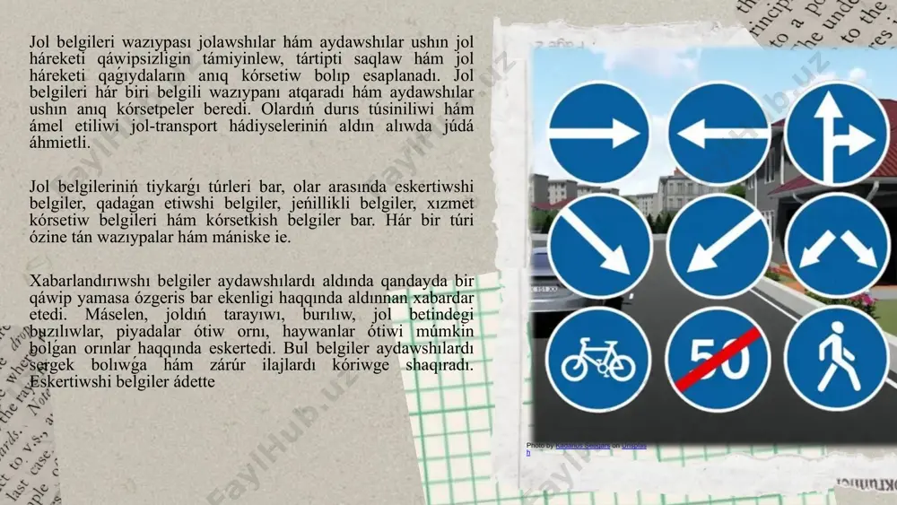 bul jerlerde háreket aǵımı quramalı bolıwı múmkin. "toqtaw" belgisi bolsa aydawshılardı toqtap, basqa joldan kiyatırǵan transport qurallarına jol beriwge májbúrleydi. bul belgi jaylasqan orında aydawshı toqtap, joldı tazalap, qáwipsizligin támiyinlegennen keyin háreketti dawam ettiriwi múmkin. abzallıq belgileri qollanılıwı jol háreketi qáwipsizligin arttırıwǵa xızmet etedi. olar jol-transport hádiyseleriniń aldın alıwda áhmietli rol atqaradı. aydawshılar bul belgilerdi anıq túsinip, olarǵa qatań ámel etiwi zárúr. photo by anjali mehta on unsplash jol belgilerin túsiniwde oniń reńleri, formaları hám jaylasıwına itibar beriw kerek. máselen, qızıl rendegi belgiler kóbirek qadaǵan etiwshi yamasa eskertiwshi mániste boladı, kók yamasa jasıl rendegi belgiler bolsa kóbirek baǵdarlaw hám xızmet kórsetiwge baylanıslı boladı. jol belgilerin ornalastırıwda da belgili qaǵıydalar bar. belgiler joldıń kórinetuǵın jerlerine, aydawshılardıń waqtında kóre alıwı ushın ornatıladı. belgilerdiń biyikligi, aralıǵı hám kórinis anıqlıǵı da qatań qadaǵalanadı. usı tárizde aydawshılar háreket dawamında kerekli maǵlıwmattı waqtında alıwı múmkin. jol háreketi qáwipsizligin támiyinlewde jol belgileri menen bir qatarda sızıqlar, svetoforlar …