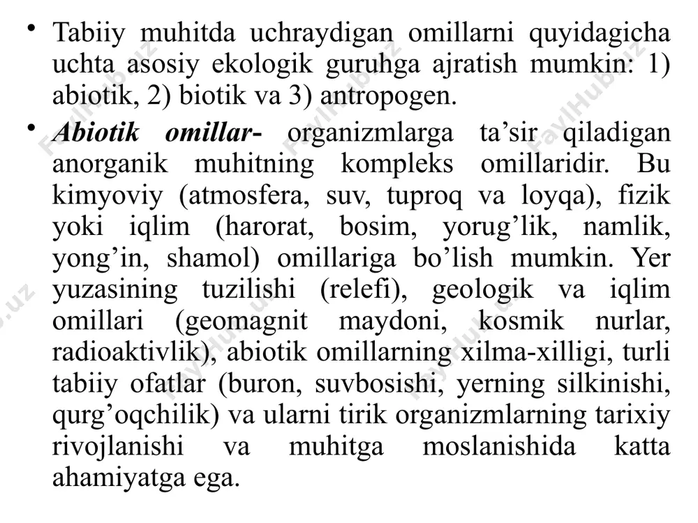 g o’zgarib turish doirasiga moslanish xususiyatiga turning ekologik valentligi (yoki mutanosibligi) deb aytiladi, yani turni muhitning xar xil sharoitiga, undagi omillarning o’zgaruvchanligiga moslanishi tirik organizmning eng yuksak ko’rsatgichi hisoblanadi. yorug’likning organizmlarga ta’sirining ekologik mohiyati. yorug’lik o’simliklar uchun birinchidan fotosintez jarayonining amalga oshishida asosiy sharoitlardan hisoblanadi, ikkinchidan u transpiratsiyani, ya’ni bug’lashishni tezlashtiradi. uchinchidan, o’simliklarning o’sish tezligini sekinlashtiradigan muhit omili hisoblanadi. lekin bu jarayonlar har doim bir xil o’tmaydi. o’simlik rivojlanishi fazasini o’tganda, ma’lum darajada, yorug’lik va qorong’ulikni talab qiladi. yorug’lik o’simliklarning o’sishida, ya’ni hujayra va to’qimalarda boradigan o’sish jarayonlari va organlarning hosil bo’lishiga bevosita ta’sir qiladi. yorug’lik manbai quyosh radiatsiyasi hisoblanadi. butun tushayotgan quyosh radiatsiyasining 42% atmosfera orqali qaytariladi, 15% atmosferani isitish uchun ketadi, faqatgina 43% er yuziga kelib etadi. quyosh radiatsiyasi bu issiqlik va sayyoramizdagi hayotning asosiy manbaidir. nur energiyaning ekologik omil sifatida xususiyati uning to’lqin uzunligi bilan belgilanadi. yorug’lik spektrida ko’rinuvchi ultrabinafsha va infraqizil nurlar ajraladi. ultrabinafsha nurlar tirik …