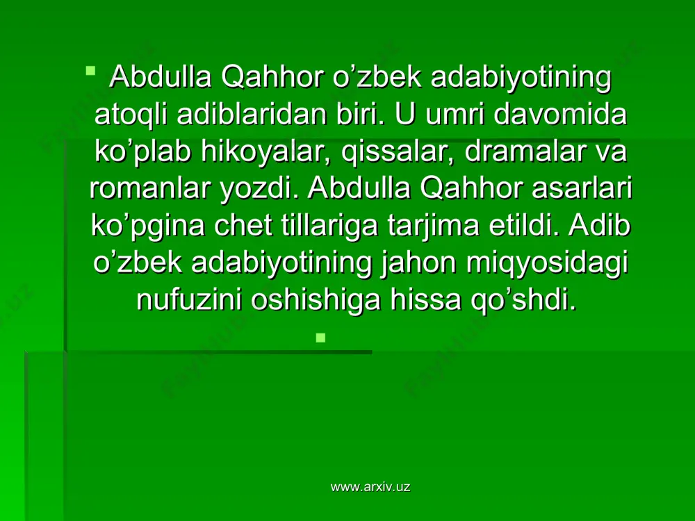 ahhor hikoyanavislik san’atining eng muhim jihatlaridir». abdulla qahhorning «to’yda aza» nomli hajviy hikoyasi ham bor. urushdan keyingi yillarda «ko’k konvert», «qizil konvert», «kampirlar sim qoqdi», «xotinlar», «asror bobo», «beshik», «mahalla». «nurli cho’qqilar» kabi hikoyalari chop etildi. www.arxiv.uz www.arxiv.uz adib «sinchalak», «o’tmishdan ertaklar», «mahalla» singari qissalarida ham xarakter yaratishda o’z mahorati qirralarini yana bir karra namoyon qildi. qissalarida realistik uslub etakchilik qilgan bo’lib, hayotimizdagi ayrim kamchiliklar ochib beriladi. abdulla qahhor drama janrida ham badiiy yuksak asarlar yaratdi. 1949 yili «yangi er yoxud shohi so’zana», 1954 yili «og’riq tishlar», 1962 yili «tobutdan tovush», 1967 yili «ayajonlarim» komediyalarini yozib tugallagan. komediyalar o’sha vaqtning o’zidayoq sahnalashtirilib, tomoshabinlarning olqishiga sazovor bo’lgan. www.arxiv.uz www.arxiv.uz abdulla qahhor badiiy tarjimachilik sohasida ham samarali qalam tebratdi. jumladan, m.gor’kiyning «mening universitetlarim», f.gladkovning «olovli ot», a.serafimovichning «temir oqim». m.shaginyanning «gidrotsentral», i.lening «tog’lar orasida» hamda gogol’ va chexovning qator asarlarini o’zbek tiliga tarjima qildi. umuman olganda, abdulla qahhor shaxsiyati butun, bir so’zli, …