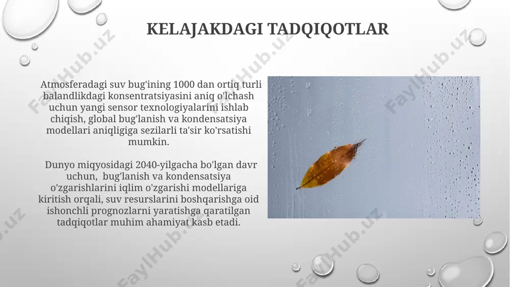 on miqyosida 360 000 kub kilometr suv bug'lanib, kondensatlanadi. bug'lanish suvning suyuq holatdan gaz holatiga o'tish jarayoni bo'lib, 100°s da qaynash nuqtasiga yetmasdan ham, masalan, 25°s haroratdagi orol dengizining yuzasida sodir bo'ladi. kondensatsiyani tezlashtirish usullari kondensatsiyalanish tezligini oshirish uchun sovutish tizimini qo'llash, misol uchun, -5°c ga yetkazish orqali, muzlatish kamerasida samaradorlikni 20% ga oshirish mumkin. kondensatsiyani tezlashtirish uchun sirt maydonini 10 baravar oshirib, masalan, 500 kvadrat metrlik maydonga 5000 ta naycha o'rnatish mumkin, bu esa suv bug'larining kondensatsiyalanish tezligini sezilarli darajada oshiradi. bug'lanish va kondensatsiyaning o'zaro bog'liqligi bug'lanish jarayoni natijasida 100°c da suv bug'iga aylanadi va atmosfera havosiga ko'tariladi, keyinchalik 20°c li toshkentdagi tog'li hududlarda kondensatlanib, bulutlarni hosil qiladi. o'rta osiyo cho'llarida kun davomida kuchli bug'lanish tufayli 35°c ga yetgan havo kechqurun 15°c gacha sovib, shudring shaklida kondensatsiyalanadi. bu jarayon tuproq namligini saqlashda muhim rol o'ynaydi. yuzaning maydonining ta'siri yuzaning maydoni katta bo'lganda, masalan, 100 kv.m havuzda, suvning bug'lanish tezligi …