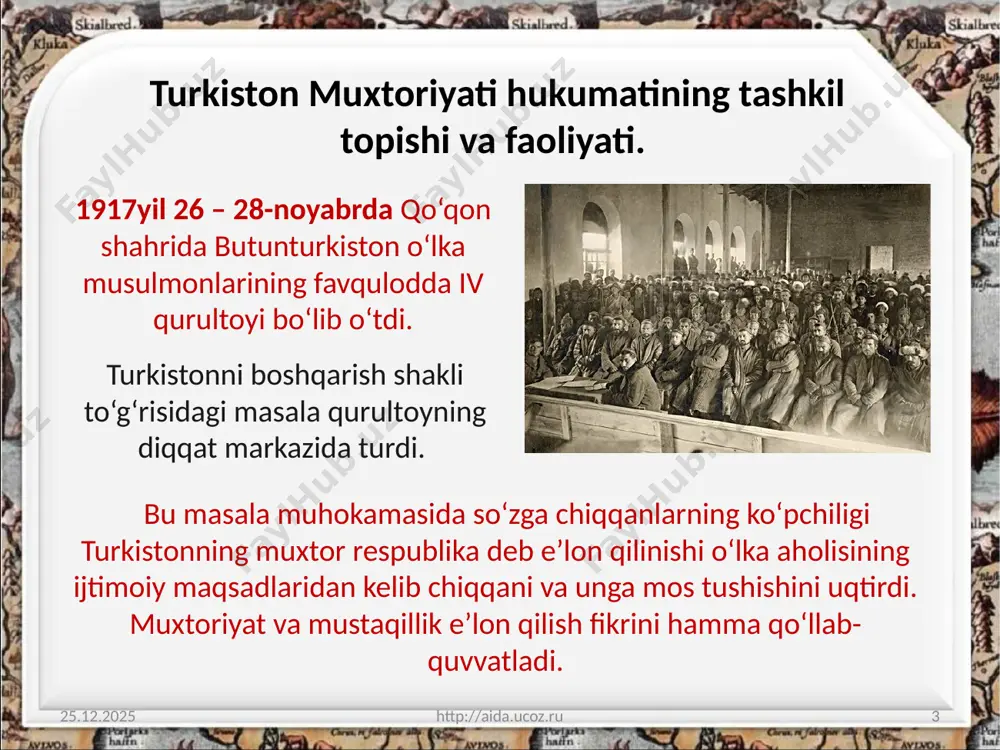 ad) vaqtida askarlar soni 2000 kishi bo‘lgan. bundan tashqari qo‘qonda taxminan shuncha mirshablar bor edi. hukumat iqtisodiy sohada 30 million so‘m miqdorida ichki zayom chiqarishni yo‘lga qo‘ydi. shuningdek, hukumat a’zolari ocharchilik changalida qolgan turkiston aholisiga kavkazdan orenburg orqali g‘alla keltirish muammosini hal qilish uchun ham amaliy qadamlar tashladi. 18.02.2019 http://aida.ucoz.ru 9 munavvarqori rahbarligida uyushtirilgan bu miting qatnashchilari muxtor turkiston hukumatini bir ovozdan ma’qulladilar va turkistonda endi ushbu muvaqqat hukumatidan boshqa hech qanday hukumatni tan olmaslikka qaror qilganliklarini e’lon qildilar. 18.02.2019 http://aida.ucoz.ru 10 “ulug‘ turkiston” gazetasining yozishicha, 1917-yil dekabrda toshkentda 60 000 kishi ishtirok etgan miting o‘tkazildi. munavvarqori qizil gvardiyachilar va dashnoqlar tomonidan muxtoriyat hukumatining tor-mor qilinishini. qo‘qondagi ommaviy qirg‘inlar. o‘lkadagi ilk demokratik va xalqchil hukumat bo‘lgan turkiston muxtoriyatining faoliyati, afsuski, uzoqqa cho‘zilmadi. bolsheviklar va toshkent soveti (rahbari: ivan tobolin) unga katta xavf deb qaradilar hamda zudlik bilan tugatishga harakat qildilar. 18.02.2019 http://aida.ucoz.ru 11 turkiston o‘lkasi ishchi, soldat va dehqon deputatlari …