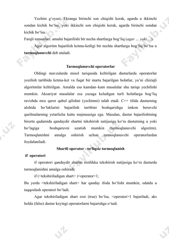 ning alohida bo‘laklarini bajarilish tartibini boshqarishga imkon beruvchi qurilmalarning yetarlicha katta majmuasiga ega. masalan, dastur bajarilishining birorta qadamida qandaydir shartni tekshirish natijasiga ko‘ra dasturning u yoki bo‘lagiga boshqaruvni uzatish mumkin (tarmoqlanuvchi algoritm). tarmoqlanishni amalga oshirish uchun tarmoqlanuvchi operatorlardan foydalaniladi. shartli operator - to‘liqsiz tarmoqlanish if operatori if operatori qandaydir shartni rostlikka tekshirish natijasiga ko‘ra dasturda tarmoqlanishni amalga oshiradi: if ( ) 1; bu yerda har qanday ifoda bo‘lishi mumkin, odatda u taqqoslash operatori bo‘ladi. agar tekshiriladigan shart rost (true) bo‘lsa, 1 bajariladi, aks holda (false) dastur keyingi operatorlarni bajarishga o‘tadi. c++ tilining qurilmalarida operatorlarni blok ko‘rinishida bo‘lishiga imkon beradi. blok ‘{‘ va ‘}’ belgi oraligʻiga olingan operatorlar ketma-ketligi bo‘lib, u kompilyator tomonidan yaxlit bir operator deb qabul qilinadi. quyida keltirilgan dasturda if operatoridan foydalanish ko‘rsatilgan. #include int main() { int b; cin>>b; if (b>0) { // b>0 shart bajarilgan holat cout ) 1; else 2; bu yerda rost (true) bo‘lsa, …