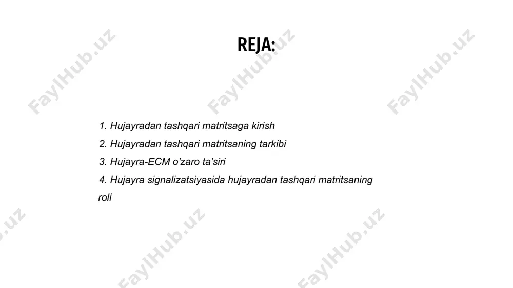shi va differentsiatsiyasi kabi turli xil hujayra jarayonlarida hal qiluvchi rol o'ynaydi. ushbu o'zaro ta'sirlar to'qimalarning tuzilishi va funktsiyasini saqlab qolish uchun zarurdir. 03 hujayra-ecm o'zaro ta'sirining buzilishi turli kasalliklarga, jumladan saraton va fibrozga olib kelishi mumkin. hujayralar va ecm o'rtasidagi munosabatlarni tushunish yangi terapevtik yondashuvlarni ishlab chiqish uchun muhimdir. 02 hujayra signalizatsiyasida hujayradan tashqari matritsaning roli hujayradan tashqari matritsa tizimli qo'llab-quvvatlash va hujayra xatti-harakatlarini tartibga solish orqali hujayra signalizatsiyasida hal qiluvchi rol o'ynaydi. u hujayralar o'rtasida aloqa tarmog'i vazifasini bajaradi, bu ularga o'zaro ta'sir qilish va atrofdagi turli xil ogohlantirishlarga javob berish imkonini beradi. hujayra yuzasidagi retseptorlar bilan bog'lanib, hujayradan tashqari matritsa hujayra o'sishi, differentsiatsiyasi va ko'chishi kabi jarayonlarni tartibga soluvchi signal yo'llarini ishga tushirishi mumkin. hujayradan tashqari matritsa (ecm) - bu hujayralarni tizimli qo'llab-quvvatlaydigan oqsillarning murakkab tarmog'idir. hujayraning hujayradan tashqari matritsaga yopishishi hujayraning ecmga yopishishi hujayraning omon qolishi, ko'payishi va differentsiatsiyasi uchun juda muhimdir. hujayralar va ecm o'rtasidagi …