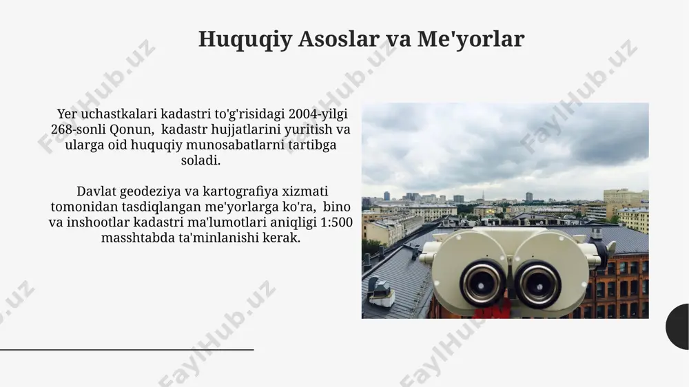 ni oshiradi. kadastr ma’lumotlarining ochiq ma’lumotlar portaliga ulanishi orqali foydalanuvchilar sonini 2 barobarga oshirish va xizmat ko‘rsatish tezligini 30% ga yaxshilash maqsad qilingan. bino va inshootlarning kadastr reestrini yurituvchi tashkilotlar kadastr reestrini yuritish jarayonida geodezik ishlarni bajarish uchun 1:500 va undan yuqori aniqlikdagi topografik xaritalardan foydalaniladi, bu aniqlikni ta'minlash uchun maxsus uskunalar qo'llaniladi. kadastr hujjatlarini ro'yxatdan o'tkazish va saqlash uchun elektron ma'lumotlar bazasi qo'llaniladi, bu ma'lumotlarning xavfsizligini ta'minlash va 24/7 kirish imkoniyatini beradi. yer maydonlarini belgilash va o'lchash yer uchastkasining maydonini aniqlashda, chegaralarning murakkabligi va relyefning o'zgarishi hisobga olingan holda, trapezoid yoki ko'pburchak shakllarini hisoblash formulalaridan foydalanish zarur bo'ladi, bu aniqlikni oshiradi. kadastr ishlari uchun yer maydonini o'lchashda geodezik uskunalar, masalan, total stantsiyalar yordamida 1:5000 miqyosida xaritalar yaratish mumkin, bu esa katta maydonlarni batafsil o'lchash imkonini beradi. xulosa va tavsiyalar kadastr ma'lumotlar bazasini geoma'lumot tizimlari bilan integratsiyalash orqali 20% ga yaqin ma'lumotlarni avtomatlashtirish va qayta ishlash imkoniyati yaratilishi mumkin, bu …