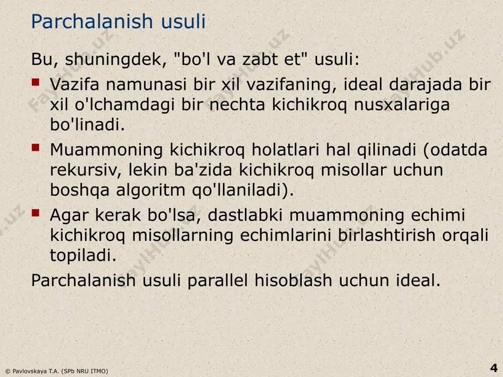 avlovskaya t.a. (spb nru itmo) 10 (1) d=1 a=2 b=2 n = 2 k uchun olamiz: cw (n) = n log 2 n - n + 1 d – funksiyaning o‘sish tartibini belgilovchi funksiya darajasi f. d=1 a – hal qilinishi kerak bo‘lgan kichik vazifalar soni a=2 b - dastlabki vazifa bo'lingan kichik vazifalar soni. b=2 10 birlashtirish tartibida amalga oshiriladigan asosiy taqqoslashlar soni, eng yomon holatda, har qanday taqqoslashga asoslangan tartiblash algoritmi uchun taqqoslashlarning nazariy minimal soniga juda yaqin. birlashtirishning asosiy kamchiligi qo'shimcha xotiraga bo'lgan ehtiyojdir, uning miqdori kiritilgan ma'lumotlarning hajmiga chiziqli proportsionaldir. © pavlovskaya t.a. (spb nru itmo) 11 tez tartiblash massiv elementlarini massivdagi joylashuviga ko‘ra ajratuvchi birlashma tartiblashdan farqli o‘laroq, tezkor tartiblash massiv elementlarini qiymatlariga ko‘ra ajratadi. © pavlovskaya t.a. (spb nru itmo) 12 28 1 0 29 3 -4 16 56 parchalanish usuliga asoslangan yana bir muhim saralash algoritmi. young hoare ruscha lug'atdagi so'zlarni saralashga urinayotganda …