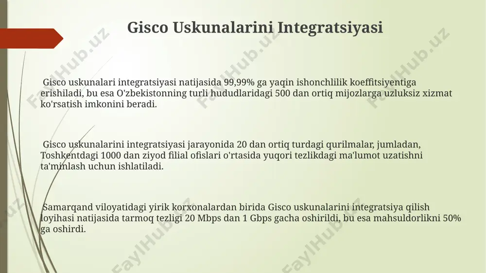 relay tarmoqlari, paketlarni o'zgaruvchan uzunlikdagi kaдрлар yordamida uzatadi va dlci (data link connection identifier) raqamlari orqali manzil berishni amalga oshiradi, bu esa 1024 gacha aloqa kanallarini qo'llab-quvvatlash imkonini beradi. gisco tarmoq uskunalarining umumiy ko'rinishi gisco kompaniyasining tarmoq uskunalari, jumladan, marshrutizatorlar va kalitlar, 10 gb/s gacha bo'lgan tezlikni ta'minlaydi va samarqand viloyatida keng qo'llaniladi. ushbu uskunalar, o'zining moslashuvchanligi va 500 dan ortiq xususiyatlarga ega bo'lishi bilan, andijon shahridagi aloqa tizimlarida muvaffaqiyatli ishlatilmoqda. gisco tarmoq uskunalari, masalan, tarmoqqa kirish qurilmalari (200 dan ortiq modeli mavjud) toshkentdagi ko'plab yirik korxonalarda o'zining ishonchliligi va yuqori tezligi bilan mashhur. gisco kommutatorlari gisco kommutatorlari, frame relay texnologiyasiga asoslangan bo'lib, samarqand viloyatida joylashgan kichik biznes korxonalarining ma'lumot almashinuvini ta'minlashda muhim rol o'ynagan. toshkent shahridagi gisco kommutatorlarini o'rnatish va texnik xizmat ko'rsatish bo'yicha malakali mutaxassislar soni 2000-yillarning boshlarida 50 dan oshiq edi. gisco kommutatorlari, 1990-yillardan buyon o'zbekiston telekommunikatsiya tarmoqlarida keng qo'llanilib, yuqori tezlikdagi ma'lumot uzatishni (64 kbps dan …