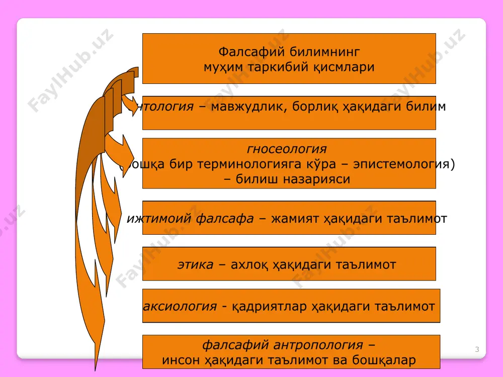 . инсон билан бир хил сезги, истак, майлларга эга бўлади. миф-кимнингдир уйдирмаси ёки ўтмиш сарқити эмас, балки, шундай бир ўзига хос тилки инсон унинг ёрдамида қадим замонларданоқ дунёни тавсифлаган. ўзининг тарқоқ билимларини умумлаштирган талқин қилган, тасниф қилган ва муайян тизимга солган. мифда ота, оқсақол ҳукми ва қарор топган аъаналар муҳим рол ўйнайди. ривоят ва унинг мазмунига нисбатан бундай муносабат заминида эътиқод, борлиқни бевосита, эмоционал идрок этиш ётади. мифологик дунёқараш – дунёни яхлит тушуниш бўлиб, унда шубҳага ўрин йўқ. 15 мифологик ва диний дунёқарашнинг ўзаро ўхшашлиги ва фарқи: ўзаро ўхшашлиги: миф каби дин замирида ҳам эътиқод, туйғу ва эмоциялар ётади фарқи: агар мифологияда анънага, ривоят қилувчининг яъни оқсоқолнинг обрўсига эътибор кучли бўлса, динда ғайриоддий нарсаларга эътиқод биринчи ўринда бўлади. олий кучлар номидан ривоят қилувчи руҳонийлар обрўси эса, иккинчи даражали рол ўйнади. дин – мураккаб маънавий тузилма ва ижтимоий ҳодиса бўлиб, унда эътиқод биринчи ўринга қўйилади ва ҳамиша билимдан устун туради. 16 …