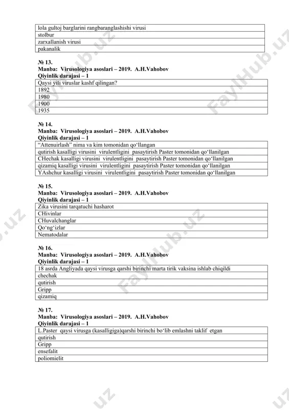 usologiya asoslari – 2019. a.h.vahobov qiyinlik darajasi – 1 hayvon viruslarini yuqumliligini aniqlashda ishlatiladigan sezgir sistemalar sichqon, kalamush, quyon, tovuq embrioni, to‘qima ekmalari bakteriya, miksomiqetlar va mikoplazmalar achitqilar, torulalar, mikoplazmalar aktinomitsetlar va korinobakteriyalar, to‘qimalar № 20. manba: virusologiya asoslari – 2019. a.h.vahobov qiyinlik darajasi – 1 zika virusi bolalarni asosan qaysi organini zararlaydi bosh qismi soch teri tirnoq № 21. manba: virusologiya asoslari – 2019. a.h.vahobov qiyinlik darajasi – 1 viruslarni kashf qilishda qanday filtrdan foydalanilgan ? chinni qog‘oz qum gazlama № 22. manba: virusologiya asoslari – 2019. a.h.vahobov qiyinlik darajasi – 1 mimiviruslarni tuzilishi nima kapsidining diametri-400-500 nm kapsid ustida 80-120 nm oqsil iplar mavjud (400-800nm). kapsomerlari geksagonal bo‘lib “romashkasimon” ko‘rinishda joylashgan.tashqi qobig‘i yo‘q kapsidining diametri-40 nm kapsid ustida 8-12 nm oqsil iplar mavjud ko‘rinishda.tashqi qobig‘i bor kapsidining diametri-100-200 nm kapsid ustida 10-12 nm oqsil iplar mavjud kapsomerlari geksagonal bo‘lib joylashgan “romashkasimon” ko‘rinishda.tashqi qobig‘i bor kapsidining diametri-300- nm kapsid …