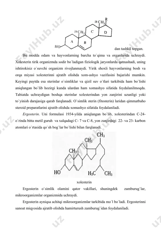i sanoat miqyosida olishda xomashyo sifatida paxta yog`i va shakar qamishidan foydalaniladi. sterinlar organizmda kechadigan fiziologik va biokimyoviy jarayonlarda ishtirok etadi. ular hujayra va subhujayraviy elementlarning membranalarini shakllanishida, ko`p tabiiy birikmalarning toksik ta`sirini yengish bilan bog`liq bo`lgan biokimyoviy reaksiyalarda asosiy modda sifatida qatnashadi. xolesterindan steroid gormonlarni sintezlanish yo`llari. odam va hayvonlar organizmida xolesterindan uch xil gormonlar guruhi: progestinlar, jinsiy gormonlar va buyrak usti bezini po`stloq qismini (kortikosteroidlar) gormonlari hosil bo`ladi. bu gormonlarning biosintezlanish yo`llari 1-rasmda ko`rsatilgan. 1-rasm. xolesterindan steroid gormonlarning sintezlanish yo`llari 2. sanoat miqyosida amalga oshirila boshlagan transformatsiyalar. transformatsiyalash steroid gormonlar hosil bo`lishida dastavval asosiy oraliq mahsulot-pregnenolon hosil bo`lib, undan keyinchalik steroidlar va kortikosteroidlar biosintezlanadi. pregnenolondagi 3-oh ning c=o gacha oksidlanishi qo`sh bog`ning siljishi orqali yuz beradi, bu ketosteroidizomeraza reaksiyasining mahsuloti bachadon va sariq tana gormoni-progesteron hisoblanadi. pregnenolon shuningdek erkak (testosteron) va ayol (estrogenlar-estron, estradiol) jinsiy gormonlarini dastlabki manbayi vazifasini bajaradi. buyrak usti bezini po`stloq qismida progesteron, kortikosteron va …