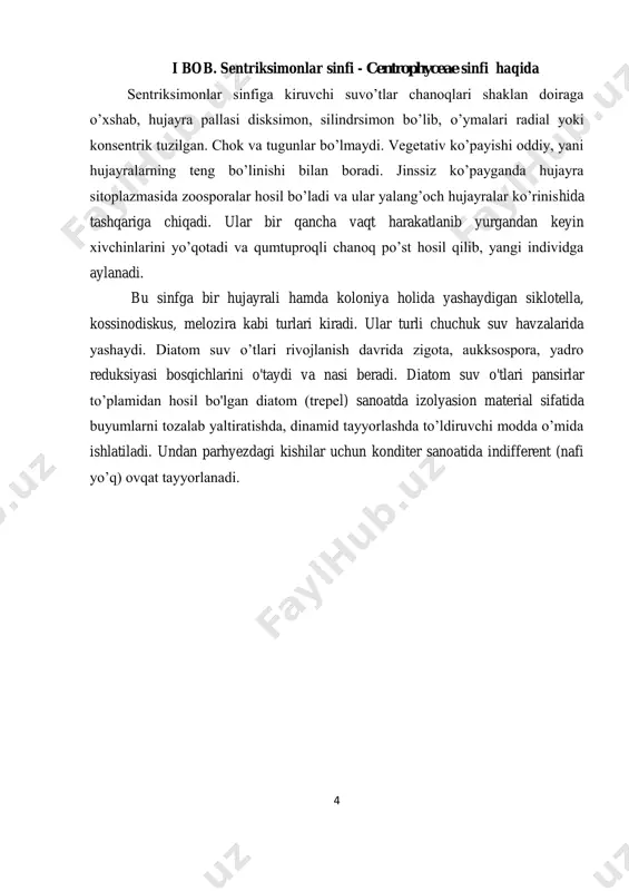 rdan tashkil topgan. bu sinf vakillari choklarining mavjudligi va tuzilishiga qarab, quyidagi 7 ta tartibga bo‘linadi: 1.fragilarlilar (fragilariales) 2.tabellyarlilar (tabellariales) 3. axnantlilar (achnanthales) 4.simbellilar (cymbellales) 6 5.navikulalilar (naviculales) 6.batsillalilar (bacillariales) 7.surirellilar (surirellales) pinnularia – chuchuk suv havzalari ostidava qirg‘oqlarida tarqalgan. oxakli suvlarda yaxshi o‘sadi. bir hujayrali, ellipssimon yoki chozinchoq shaklda. tavaqasining o‘rtasidan chok o‘tgan. chetlarida parallel qovirg‘alar joylashgan. vegetativ yo‘l bilan ko‘payadi. navicula – chuchuk suv havzalarida va ayniqsa dengizlarda tarqalgan. hujayralarining uchki qarama-qarshi tomonlari ingichkalashganligi bilan pinnullariyadan farqlanadi. ko‘rinishi qayiqchaga o’xshash bo‘ladi. uning ba’zi turlari suvo‘tlari va yuksak suvo‘tlari ustida epifit xolda yashaydi. gyrosigma chuchuk suvlarda, pleurosigma – dengiz suvlarida uchraydi. nitzschia – har xil suvlardatarqalgan, harakatchan va bentos hayot kechiradi. surirella – bentos xolda chuchuk suv havzalarida va dengizlarda yashaydi. cymbella - chuchuk suv havzalari ostida keng tarqalgan. tavaqasining qorin tomoni botiq, yelka tomoni bo‘rtgan bo‘ladi. koloniya hosil qilib yashaydi. gomphonema – shilimshiqsimon oyoqcha hosil qilib, substratga yopishgan …