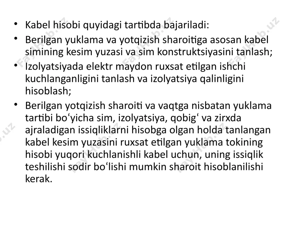chli kabelning bir g‘altakdagi qurilish uzunligi 900 – 1130 m dan kam bo‘lmasligi zarur. tunnel va kanallarda yotkaziladigan kabellar qurilish uzunligi 400 m dan kam bo‘lmasligi kerak. kafolat vaqti va kabel xizmat muddati. kabel kafolat vaqti – bu davr ichida kabel ishlab chiqaruvchi zavod kabelga belgilangan talabni bajarilishini ta’minlashi kerak. ushbu shart iste’molchi tomonidan kabel elitib berilishi, saqlanishi, yotkazilishi, montaji va ekspluatatsiya buzilmagan holatda bajariladi. kafolat vaqti kabel ekspluatatsiyasi boshlangandan hisoblanadi. kabel xizmat muddati deganda, uning ekspluatatsiya boshlanishidan chegaraviy holatga etgan kalendar davomat vaqti olinadi, ya’ni uni boshqa ekspluatatsiya qilish imkoniyati bo‘lmaydi. xizmat muddati kabel sotib olingandan boshlab hisoblanib, transportirovka, saqlash, yotkazish, montaj va ekspluatatsiya shartlari buzilmagan bo‘lishi kerak. kuchli kabel konstruktsiyasiga qarab uning kafolat vaqti va kabel xizmat muddati quyidagi 26.4-jadvalda keltirilgan. kafolat vaqti va kabel xizmat muddati jadvali muddat ko‘rinishi kabellar plastmassa izolyatsiyali gost 16442–80 moy shimdirilgan qog‘oz izolyatsiyali gost 810–73 oqmas tarkibli qog‘oz izolyatsiyali gost 18409–73 kafolat …