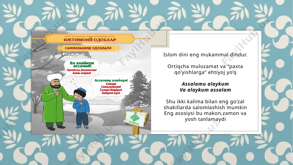 lar bilan aslo tenglasha ko‘rmang! 6. toza havo. uyingiz, xona va ish kabinetingizni doimo toza tuting, har kuni uni artib-tozalang, derazalarni ochib, toza havo kirishini ta’minlang. normal jismoniy holatda bo‘lish uchun albatta chuqur va to‘g‘ri nafas olishni bilish lozim. tabiat qo‘ynida sayr qilish, oynalarni ma’lum muddat ochib qo‘yish, tomorqa yoki ochiq havoda jismoniy mehnat qilishga yetadigani yo‘q. 7. shaxsiy gigiyena. ovqatlanishdan avval va keyin albatta qo‘llarni yuvish, uyqudan oldin va ovqatlangandan keyin tishlarni tozalash, toza kiyim, umuman, tozalikka qat’iy rioya etish sog‘lom turmush tarzining asosiy shartlaridan hisoblanadi. unutmang! sog‘lom turmush tarzi, bu — har qanday kasalliklar profilaktikasi va salomatlik, kuch-quvvat garovidir. u insonning turli qirralarini rivojlantirish, muvaffaqiyatga erishish garovidir. sog‘lom turmush tarzi qoidalariga rioya etgan odam oilasi, mehnat jamoasi, umuman, jamiyatda o‘z o‘rniga ega bo‘ladi, turli murakkab vaziyatlarni yengib o‘tish, hayot qiyinchiliklari oldida o‘zini yo‘qotmaslikka o‘rganadi. yana bir gap! sog‘lom turmush tarzi qoidalari bir-birini qo‘llab-quvvatlaydi, biri ikkinchisiz sodir bo‘lishi amrimahol. …