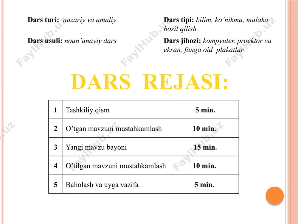 a usul esa pusk klavishasini faollashtiradi. 3. windows da ko’plab elementlarni yodda saqlash, ajratib olish va ular bilan ishlash oson bo’lishi uchun piktogrammalar (yorliqlar) deb ataluvchi mos rasmchalardan foydalaniladi. ularni ko’pchilik hollarda ikonalar (timsollar) deb ham atashadi. ular programmani xotiraga tez chaqirish imkoniyatini beradi. ularning nomlari piktogramma, yorliq, timsollar deb atash mumkin. 4. ish stolida quyidagi elementlar joylashgan bo’ladi: yorliqlar: tizim papkalari; (moy kompyuter, setevoe okrujenie, internet explorer, korzina, portfel): oddiy papkalar: masalalar paneli. 5. tizim papkalariga quyidagi papkalar kiradi: tizim papkalari; (moy kompyuter, setevoe okrujenie, internet explorer, korzina, portfel) moy kompyuter: kompyuterda joylashgan disklar, papkalar va ular ichidagi fayllarni ko’rish va ular bilan ishlash imkoniyatini yaratadi. setevoie okrujenie: foydalanuvchining kompyuteriga tarmoqga ulangan kompyuterlardagi fayl, papka va disklar bilan ishlash imkoniyatini yaratadi. internet explorer: internetdagi web sahifalarini ko’rib chiqish programmasi. korzina: foydalanuvchi tomonidan yaqinda uchirilgan fayl va papkalar ro’yxati joylashadi. kerak bo’lganda ularni tiklash ham mumkin portfel: internet tizimida foydalanish …