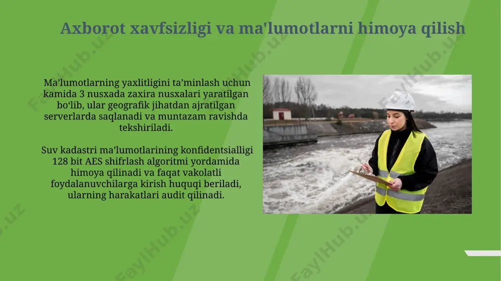 rini aniqlash va tasvirlashda geodezik o'lchovlarning aniqligi ± 5 sm dan oshmasligi kerak bo'lib, bu suv kadastri ma'lumotlarining ishonchliligini ta'minlaydi. suv resurslarini baholash va monitoringi ҳар йили сув ресурслари балансини ҳисоблашда камида 3 та мустақил манбадан маълумотлардан фойдаланилади ва уларнинг аниқлиги 95% дан кам бўлмаслиги керак. сув ресурслари мониторингида 10 дан ортиқ параметрлар, жумладан, сув сатҳи, ҳарорат ва оқим тезлиги кузатилади ва автоматик тизимлар орқали онлайн режимда қайд этилади. muammolar va ularni hal qilish yo'llari davlat suv kadastrini yuritishda ma'lumotlarning to'liqligi va aniqligi muammosi uchraydi, bu esa 10% gacha bo'lgan aniqsizlikka olib kelishi mumkin. buning oldini olish uchun muntazam monitoring va ma'lumotlarni tekshirish tizimini joriy etish zarur. kadastr ma'lumotlar bazasining zamonaviy texnologiyalarga moslashtirilmaganligi, ma'lumotlarni yangilash va qidirishni qiyinlashtiradi. shu sababli, ma'lumotlar bazasini modernizatsiya qilish va yangi dasturiy ta'minotlarni qo'llash lozim. zamonaviy texnologiyalarni qo'llash bulutli texnologiyalar (cloud computing) orqali ma'lumotlarni saqlash va ulashish imkoniyati 50% gacha xarajatlarni kamaytiradi va kadastr ma'lumotlariga …