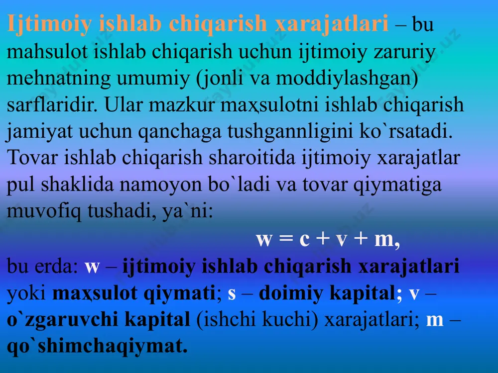 , amortizatsiya va h.k.) tushuniladi. tovar birligining qiymatida ishlab chiqarish xarajatlari faqat uning bir qismini tashkil qiladi. ishlab chiqarish xarajatlari tovar qiymatidan foyda miqdoriga kam bo`ladi. muomala xarajatlari tushunchasi tovarlarni sotish jarayoni bilan bog’liq bo`lib, shu tovarlarni ishlab chiqaruvchidan olib, iste`molchiga etkazilguncha ketadigan sarflarga aytiladi. ular ikki guruhga bo`linadi: 1 qo`shimcha muomala xarajatlari 2 sof muomala xarajatlari. tovarlarni o`rash, qadoqlash, saralash, transportga ortish, tashish va saqlash xarajatlari qo`shimcha muomala xarajatlari hisoblanadi. muomala xarajatlarining bu turlari ishlab chiqarish xarajatlarining davomi hisoblanib, tovar qiymatiga kiradi va uning qiymatini oshiradi. xarajatlar tovarlar sotilgandan keyin olingan pul tushumi summasidan qoplanadi. xarajatlarning jalb etilish manbaiga ko`ra turkumlanishi tashqi va ichki xarajatlar ning mohiyatini ochib berish, ularning bir-biridan farqini tushuntirishda bugungi kunda bizning xo`jalik amaliyotimizda ko`plab faoliyat yuritayotgan yakka tartibdagi tadbirkorlarni yaqqol misol tariqasida keltirish qo`l keladi. aytaylik, biron-bir tadbirkor o`ziga qarashli bo`lgan xonadonda kichik ishlab chiqarish sexi tashkil qildi. bu erda uning tashqi xarajatlari aniq: …