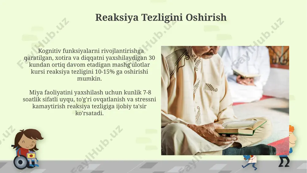 (3-6 oy), 3-bosqich – murakkab vazifalarni bajarish (6 oydan keyin). chaqqonlikka ta'sir etgan omillar jismoniy mashqlar va sog'lom ovqatlanish chaqqonlikni 20-30% ga oshirishi mumkin, bu esa reaksiya tezligi va mushaklarning moslashuvchanligini yaxshilaydi. chaqqonlikni rivojlantirishda 5 yoshgacha bo'lgan davrda miya rivojlanishi va asab tizimining shakllanishi muhim rol o'ynaydi, bu davrda 1000 dan ortiq neyron aloqalari hosil bo'ladi. yetarlicha uyqu va dam olish kun davomida 20-30 minutlik qisqa tanaffuslar, masalan, yurish yoki chuqur nafas olish mashqlari, charchoqni kamaytirish va samaradorlikni oshirishga yordam beradi. haftada kamida bir kun to'liq dam olish, ya'ni elektron qurilmalardan uzoqlashish va sevimli mashg'ulotlar bilan shug'ullanish, ruhiy salomatlikni himoya qilish va chaqqonlikni saqlashda muhim rol o'ynaydi. tezlik va chidamlilikni rivojlantirish tezlik va chidamlilikni bir vaqtda rivojlantirish uchun 100 metr masofani maksimal tezlikda yugurishdan so'ng, 200 metrni yengil yugurish bilan tiklash – intervalli mashqlarni qo'llash mumkin. chidamlilikni oshirishda yurak urishi zonasini 120-140 urish/daqiqada saqlab, uzluksiz yugurish yoki velosipedda haydash kabi …