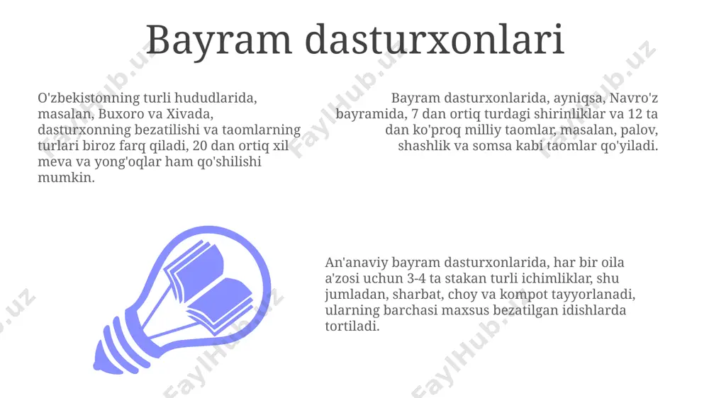 dasturxon samarqanddagi oilaviy kechalarda 7 dan ortiq bo'lmagan mehmonlar uchun oddiy, amaliy va ko'pincha nosimmetrik tarzda tashkil etiladi, bu erda amaliylikga ustunlik beriladi. "norasmiy dasturxon"da odatda 2-4 kishidan ortiq bo'lmagan odamlar uchun 3 ta asosiy buyum – vilkalar, pichoqlar va qoshiqlar, shuningdek, toshkentdagi restoranlarda keng tarqalgan sochiqlar qo'llaniladi. rasmiy dasturxon "rasmiy dasturxon"da, 12 kishilik ziyofat uchun, har bir mehmon uchun 2 ta sharob stakanini (qizil va oq sharob uchun) va 3 ta pichoq (baliq, asosiy taom va non yog'och) qo'yish odatiy holdir. "rasmiy dasturxon" tuzishda, samarkand an'analariga ko'ra, dasturxonning markaziga 4 ta sham qo'yish va har bir sham atrofiga 2 ta gul qo'yish odatiy holdir, bu bayram muhitini yaratishga yordam beradi. toshkentdagi yuqori darajadagi restoranlarda "rasmiy dasturxon"ga mos ravishda, peçeteler maxsus halqalarga o'raladi va 5 ta turdagi qoshiq-vilkalar (salat, sho'rva, asosiy taom, shirinlik va meva uchun) joylashtiriladi. zamonaviy dasturxon tuzish uslublari zamonaviy dasturxon tuzishda 20 dan ortiq turdagi pechkalar va …