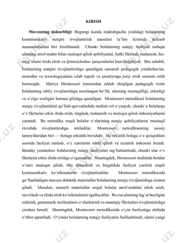 xatolarini tahlil qilish va tuzatish imkonini beradi. bunday yondashuv bolalarning nutqiy faoliyatini rag‘batlantiradi, chunki ular o‘z fikrlarini erkin ifoda etishga o‘rganadilar. shuningdek, montessori muhitida bolalar o‘zaro muloqot qilish, fikr almashish va birgalikda faoliyat yuritish orqali kommunikativ ko‘nikmalarini rivojlantiradilar. montessori metodikasida qo‘llaniladigan maxsus didaktik materiallar bolalarning nutqiy rivojlanishiga xizmat qiladi. masalan, sensorli materiallar orqali bolalar atrof-muhitni idrok etish, tasvirlash va ifoda etish ko‘nikmalarini egallaydilar. bu esa ularning lug‘at boyligini oshirish, grammatik tuzilmalarni o‘zlashtirish va mantiqiy fikrlashni rivojlantirishga yordam beradi. shuningdek, montessori metodikasida o‘yin faoliyatiga alohida e’tibor qaratiladi. o‘yinlar bolalarning nutqiy faoliyatini faollashtiradi, ularni yangi so‘zlar bilan tanishtiradi va muloqot qilishga undaydi. bu orqali bolalar o‘z fikrlarini aniq va ravon ifoda etishga o‘rganadilar. yuqoridagilardan kelib chiqib, mariya montessori tizimi asosida bolalarning kommunikativ nutqini rivojlantirish usullarini o‘rganish va amaliyotga joriy etish maktabgacha ta’limda dolzarb masala hisoblanadi. bu nafaqat bolalarning nutqiy rivojlanishiga, balki ularning umumiy intellektual, ijtimoiy va emotsional rivojlanishiga ham ijobiy ta’sir ko‘rsatadi. …