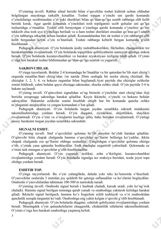 alar ichida qoldirib, yugurgunlaricha qaytib keladilar va haltachalarni navbatdagi o’ynovchilarga beradilar. bu o’ynovchilar ham yugurib borib kartoshkalarni haltachalarga soladilar va yana o’z qatorlariga qaytib keladilar va h. hamma o’ynovchilari oldinrok yugurib bo’lgan komanda g’olib hisoblanadi. o’yinning qoidalari. 1.kartoshkalarni faqat doirachalar ichiga qo’yish kerak. agar biron kartoshka doiracha ichidan dumalab chiqib ketsa o’ynovchi qaytib kelib, uni doirachaga ko’yishi va shundan keyingina yugurishni davom ettirishi mumkin. 2.sherikdan haltani qabul qilib olgandan keyingina yugurib ketishi mumkin. 3.yugurib qaytib kelgan o’ynovchi qatorning ohiriga borib turadi. pedagogik ahamiyati. o’ynovchilar aniq, tez, jamoa bo’lib turishga o’rganadilar. o’yinda tez, chaqqon, egiluvchanlik sifatlarini rivojlantirishga yordam beradi. o’yinni o’ziga hos harakati yugurish va kartoshkani aniq qo’yib chikish. savat yoki yashikka to’p tushirish. o’yinga tayyorlanish. o’ynovchilar bittadan bo’lib uch, to’rt qatorga saflanadilar. qatorlar soni qancha bo’lsa, shuncha savat (diametri 50 sm) yoki yashiklar o’rnatiladi. savatlar qatoridan 3,,-4 metr naridagi ustunchalarga yoki darahtlarga o’rnatiladi. qatorlar boshida birinchi bo’lib turganlarni oyoqlari uchidan …
