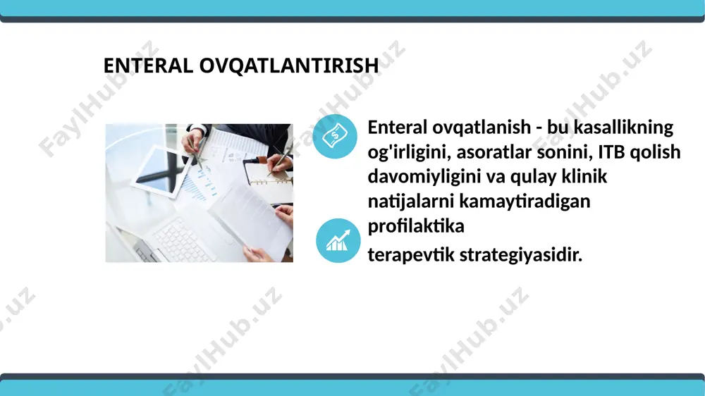 sosidagi lipidlar bo’lmasligi kerak. bemorning ahvolini barqarorlashtirishda uni podan bosqichm-bosqich eoga o’tkazishga harakat qilish kerak. aralash oziqlantirishda optimal nisbati 40% eo va 60% po ni tashkil etishi kerak. nafas yetishmovchiligida parenteral ovqatlantirish: o’tkir nafas yetishmovchiligi bilan og’rigan bemorlar uchun nafas olish tezligini nazorat qilish va co2 ishlab chiqarishni kamaytirish zarurati sababli, parenteral ovqatlan-tirishdagi preparat- lar miqdori mvb nazarorati ostida amalga oshiriladi. o’ty uchun suyuqligi past va yuqori kaloriyali bo’lgan formula beriladi plazmadagi fosfat miqdorini kuzatib borish, ularni to’g’rilash kerak. buyrak yetishmovchiligi parenteral oziqlantirish o’tkir buyrak yetishmovchiligida elektrolitlar buzilishida yetarli elektrolitlar tarkibli formuladan foydalanishga e’tibor berish kerak. gemodializdagi bemorlarga ko’p miqdordagi oqsil kuniga 2,5g/kg gacha tana vaznini olish kerak.buyrak yetishmovchiligida oqsil midori kamaymaydi jigar sirrozi yoki jigar yetishmovchiligi bo’lgan bemorlarda assit kabi asorat lar, qon tomir ichidigi hajm kamayishi, shish, portal arterial giper tenziya va gipoalbuminuriya kabi kasal liklarga e’tibor qaratish lozim. o’tkir/ surunkali jigar kasalligi bo’lgan bemorlar uchun itb da …