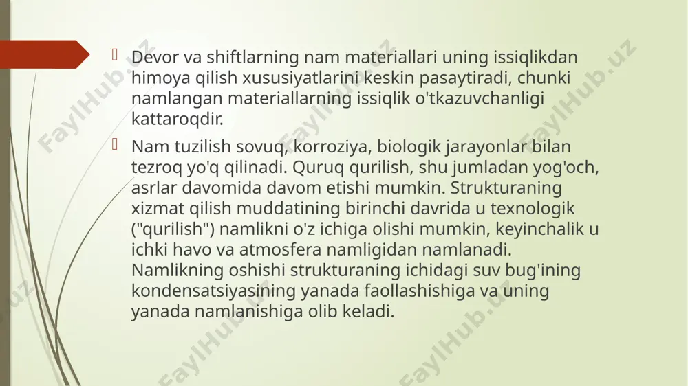 ladi. bu ularning ustidagi qisman bosimning to'yingan qiymatining pasayishiga va ingichka kapillyarlarning to'ldirilmagan qismlarida namlikning kondensatsiyasiga olib keladi (kapillyar kondensatsiya). shu bilan birga, materialning namligi keskin oshadi. eng yuqori sorbsion namlik: - yog'och uchun 30-35% gacha; - uyali beton uchun mos ravishda 10 - 15%; - engil beton uchun 5-6%; - yaxshi pishirilgan g'isht va keramika uchun 0,5-5%; - asfalt, bitum uchun 0,2-2%. materialning sorbsion xususiyatlari havo-quruq materialni to'liq sorbsiya to'yinganligi uchun namlash uchun zarur bo'lgan namlik miqdorini aniqlaydi, bu ko'pincha strukturaning namlik miqdorining ruxsat etilgan yuqori chegarasi bo'lib, unga erishgandan so'ng strukturaning issiqlikdan himoya qilish xususiyatlari. har qanday talablarga javob berishni to'xtatadi. quritish jarayonining kinetikasi deganda vaqt o'tishi bilan quritilgan tananing hajmiga nisbatan o'rtacha namlik va haroratning o'zgarishi tushuniladi. nam materialni quritish kinetikasi quritish agentining optimal parametrlarini (harorat, bosim, namlik), quritish moslamasining dizayni va asosiy o'lchamlarini tanlashni aniqlaydi. kinetikani batafsil o'rganish eng kam energiya sarfi bilan quritish jarayonini tashkil …