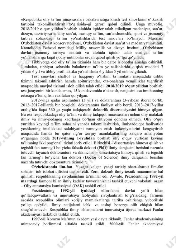 . ayni damda bog‘chaga borayotgan bolalar umumiy bolalar sonining 30% ni tashkil qiladi. oliy ta’lim va undan keyingi ta’limning takomillashtirilishi. 1992-yil martda viloyatlardagi pedagogika institutlari negizida andijon davlat universiteti, buxoro davlat universiteti, termiz davlat universiteti, urganch davlat universiteti, qarshi davlat universiteti tashkil qilindi. prezidentning 1992-yil fevraldagi farmoni bilan yana sakkizta viloyat pedagogika institutlariga universitet maqomi berildi. eng zamonaviy ixtisosliklar bo‘yicha alohida universitet va institutlar, jumladan, jahon iqtisodiyoti va diplomatiya universiteti, navoiy konmetallurgiya instituti, mudofaa vazirligi qoshida harbiy akademiya, ichki ishlar vazirligi qoshida ichki ishlar akademiyasi, bank-moliya akademiyasi kabi o‘nlab yangi oliy o‘quv yurtlari tashkil etildi. toshkent davlat elektrotexnika va aloqa texnikumi institutga aylantirildi. 1993-yil «o‘zbekistonda o‘quvchi-yoshlarni rag‘batlantirish choralari to‘g‘risida»gi talaba va aspirantlar uchun maxsus stipendiyalar belgilandi. mamlakat qishloq xo‘jaligi uchun zarur bo‘lgan va zamonaviy bilimlar sohibi bo‘lgan yuqori malakali oliy va o‘rta maxsus ta’lim olgan mutaxassis kadrlarni toshkent davlat agrar universiteti, andijon, samarqand qishloq xo‘jaligi, qarshi muhandislik iqtisodiyot, toshkent irrigatsiya …