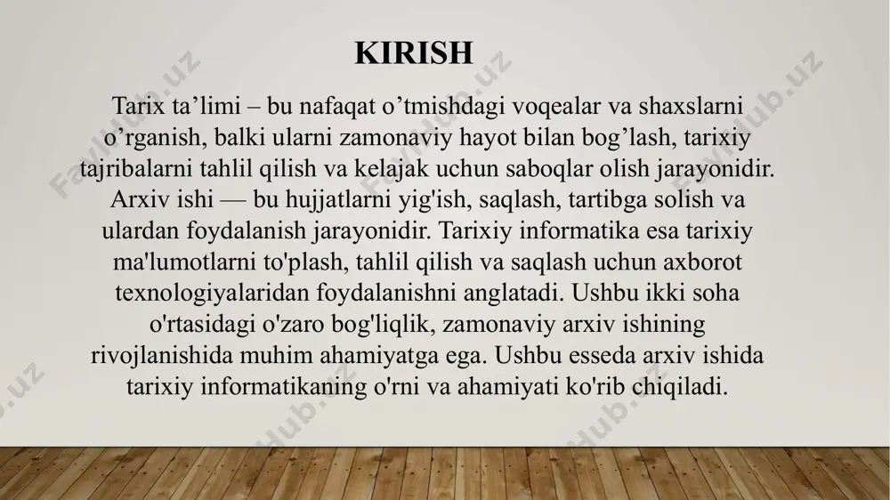 tini yaratadi. grafiklar, xaritalar va diagrammalar yordamida tarixiy jarayonlarni ko'rish va tahlil qilish osonlashadi. tarix informatikada texnik taqdimot vositalar ishlash usulari xonani tezda yorug’lashtirish qorongu bolgan taqdirda o’quvchilar yozishi uchun mahsus lampalar o’rnatilishi zarur honada juda katta doska bo’lishi kerak xarita ilinishi uchun maxsus moslama bo’lsin texnik vositalar yaroqli holda saqlanishi lozim o’quv kinofilmlar ham ta’limning ko’rsatmali vasitalaridan arxiv ishida tarixiy informatika zamonaviy texnologiyalar arxiv ishida tarixiy informatika zamonaviy texnologiyalar yordamida tarixiy hujjatlarni saqlash, tartibga solish va ulardan foydalanishni osonlashtiradi. raqamlashtirish, ma'lumotlar bazalari, tahlil va vizualizatsiya kabi jarayonlar arxiv ishining samaradorligini oshiradi. tarixiy informatikaning rivojlanishi arxiv ishini yanada zamonaviy va samarali qiladi, bu esa tarixiy tadqiqotlar uchun yangi imkoniyatlar yaratadi. shu sababli, arxiv ishida tarixiy informatika muhim ahamiyatga ega bo'lib, uning rivojlanishi kelajakda ham davom etishi kutilmoqda. tele taqdimotlar o’qitivchi teleeshittirishni qabul qilishga puxta tayyorgarlik ko’rmog’i lozim. o’qituvchining teleko’rsatuvlar mazmunini puxta o’zlashtirib olishlari uchun ularga savollar berishi lozim. yoki boshqa …