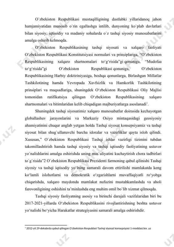 shakllantirish, mintaqani keng taraqqiy etgan mintaqaga aylantirish, mintaqa davlatlari o`rtasida o`zaro hamkorlik va integratsiyasi yo`lida o`zbekiston respublikasi va davlat rahbari tomonidan bir qator tashabbus va sa`y-harakatlar olib borilmoqda. xususan, markaziy osiyoda xavfsizlikni taminlash va mintaqaviy hamkorlikni mustahkamlash yo`lida 2017-yil 10-11-noyabr kunlari samarqand shahrida “markaziy osiyo : yagona tarix va umumiy kelajak, barqaror rivojlanish va taraqqiyot yo`lidagi hamkorlik” mavzusida xalqaro konferensiya bo`lib o`tdi. yakunda bmt shafeligida markaziy osiyoda xavfsizlik va barqaror rivojlanish ta`minlash bo`yicha xalqaro konferensiya bayonati qabul qilindi[footnoteref:2]. [2: https://xs.uz/uz/post/tinchlik-barqarorlik-va-izchil-taraqqiyot-jolida-khalqaro-hamkorlik-mustahkamlanadi] 2018-yil 22-iyun kuni bmt bosh assambleyasi 72-yalpi majlisida “markaziy osiyo mintaqasida tinchlik, barqarorlik va barqaror rivojlanishni ta`minlash uchun mintaqaviy va xalqaro hamkorlikni mustahkamlash rezolutsiyasi qabul qilindi. o`zbekiston tomonidan markaziy osiyo davlatlari bilan birgalikda ishlab chiqilgan hujjat loyihasi bmtga a`zo barcha davlatlar tomonidan bir ovozdan qo`llab-quvvatlandi. bosh assambleya mintaqa davlatlarining markaziy osiyoda barqarorlik va iqtisodiy hamkorlikni mustahkamlashga qaratilgan sa`y-harakatlari va tashabbuslarini qo`llab-quvvatlashini bildirdi. yevropa, shimoliy va janubiy amerika, osiyo va afrikaning …