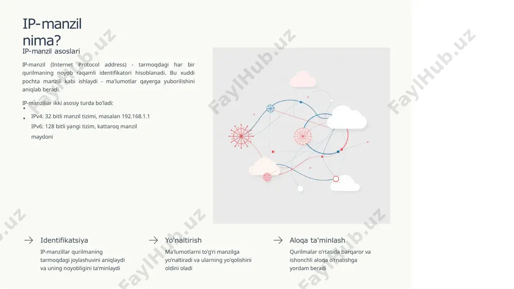 oshiradi. router turli tarmoqlarni bog'laydi va ma'lumotlarni eng optimal yo'l bo'ylab manzilga yo'naltiradi. routing jadvallarini boshqaradi, nat (network address translation) vazifasini bajaradi va internetga chiqish imkonini beradi. firewall tarmoq xavfsizligini ta'minlaydi va ruxsatsiz kirishlarni oldini oladi. kiruvchi va chiquvchi traffic-ni nazorat qiladi, xavfli so'rovlarni bloklaydi va tarmoq himoyasining birinchi qatori hisoblanadi. hub va gateway hub - eski texnologiya, barcha portlarga bir xil ma'lumotni yuboradi. gateway - turli protokollar o'rtasida tarjimachi vazifasini bajaradi va legacy tizimlarni zamonaviy tarmoqlarga ulash uchun ishlatiladi. zamonaviy tarmoqlarda ushbu qurilmalar birgalikda ishlaydi va har biri o'z vazifasini bajarib, tarmoqning barqaror va xavfsiz ishlashini ta'minlaydi. ularning to'g'ri tanlanishi va sozlanishi tarmoq samaradorligiga bevosita ta'sir qiladi. tarmoqlarni loyihalash bosqichlari talablarni aniqlash tarmoq hajmi, qurilmalar soni, xavfsizlik talablari va budjet chegaralarini belgilash. biznes ehtiyojlarini texnik talablarga aylantirish va kelajakda kengayish imkoniyatlarini hisobga olish muhim. manzillash sxemasini yaratish ip manzillarni taqsimlash va subnetlash strategiyasini ishlab chiqish. vlsm (variable length subnet …