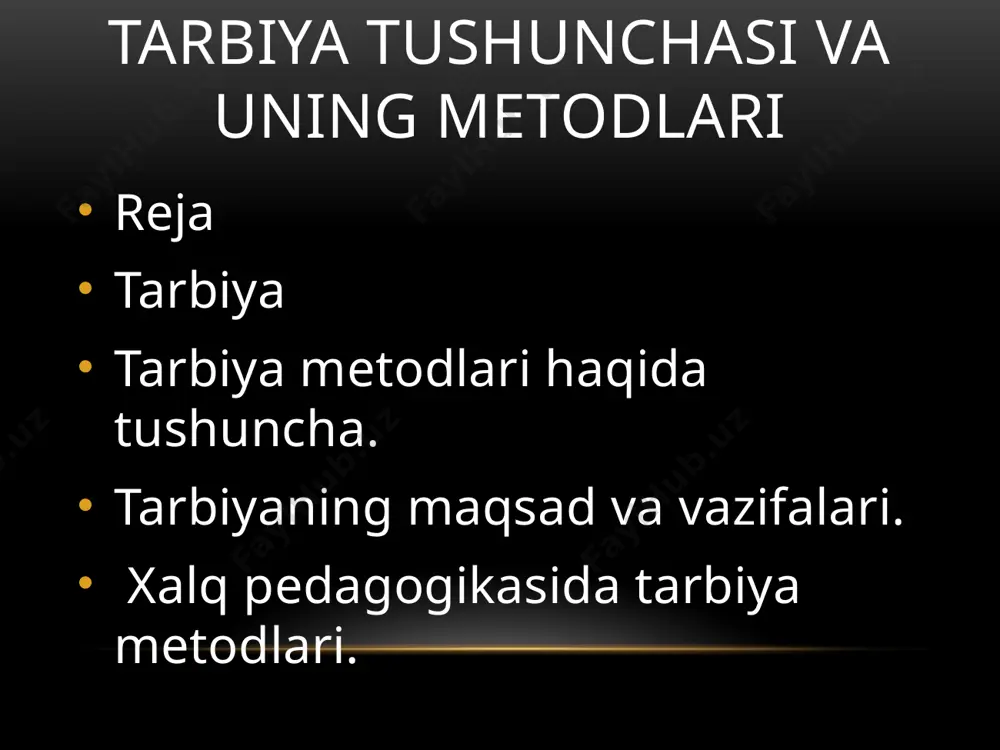 » – yo’l) tarbiya maqsadiga erishishning yo’li; tarbiyalanuvchilarning ongi, irodasi, tuyg’ulari va xulqiga ta’sir etish usullari. maktab amaliyotiga tatbiq etilganda, metodlar – bu tarbiyalanuvchilarning ongi, irodasi, tuyg’ulari va xulqiga ta’sir etish usullaridir. tarbiya metodi metodlarni takomillashtirish metodlarni takomillashtirish muammosi doimo mavjud, har bir tarbiyachi o’zining imkoniyatiga ko’ra uni hal qiladi, tarbiya jarayonining aniq shart-sharoitlariga mos ravishda o’zining xususiy qarashlarini ifoda etish asosida umumiy metodikani boyitadi. tarbiyaning maqsad va vazifalari. tarbiya maqsadi va mazmuni metodlarni to’g’ri tanlashga imkon beradi. maqsad qanday bo’lsa, unga erishish metodlari unga muvofiq bo’lishi zarur. tarbiyaning mazmuni shaxsning shakllanishiga qo’yiluvchi ijtimoiy talablar mohiyatidan iborat. unutmaslik kerakki, aynan bitta vazifa turli xil fikrlar bilan to’ldirilgan bo’lishi mumkin. shuning uchun metodlarni umuman mazmun bilan emas, balki aniq fikr bilan bog’lash g’oyat muhimdir. tarbiyalanuvchilarning yosh xususiyatlari tarbiya jarayonida tarbiyalanuvchilarning yosh xususiyatlarini inobatga olish maqsadga muvofiqdir. yosh xususiyatlari muayyan bir yosh davriga xos bo’lgan anatomik, fiziologik (jismoniy) va psixologik xususiyatlardir. aytaylik, …