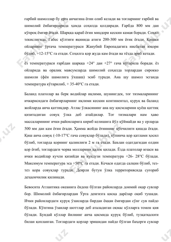 ёққан ёмғирдан сўнг сув пайдо бўлади. кўпгина ўзанлар шоттлар деб аталадиган оқмас кўлларга томон қия бўлади. бундай кўллар йилнинг анча қисмида қуруқ бўлиб, тузқатқалоғи билан қопланган. тоғлардаги қорлар эришидан пайдо бўлган баҳорги сувлар сой-жилғаларга сув беришда ва далаларни суғоришда катта аҳамиятга эга. лекин бундай сувлар тёзда тугаб қолади ва деярли бутун ёз бўйи шоттлар ҳамда дарё ўзанлари қуруқ бўлади. ўсимлик ва тупроқ қопламида, иқлимдаги каби, соҳил билан ички районлар орасида тафовутлар бор. соҳилда ва ёнбағирларнинг қуйи қисмларида жигар ранг тупроқлар тарқалган. бундай ерларда маквис типидаги доимий яшил чакалакзорлар, пакана пальма чакалаклари, доимий яшил пўкак дуби (quercus suber) дан иборат ўрмонлар, юқорироқда эса улкан атлас кедри (cedrus atlantica) ва тис (taxus baccata) дарахтларидан иборат игнабаргли ўрмонлар учрайди. 1500 м дан юқорида ўрта европада ўсадиган кенг баргли дарахтлардан иборат барг ташловчи ўрмонлар пайдо бўлади. ўрмоннинг юқори чегараси 3000 м баландликда. соҳилда табиий ўсимликлар кўплаб кесиб ташланган. иқлим шароити субтропик экинларнинг тарқалишига қулай. …